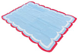 Modern Handmade Cotton Sky Blue, Cream and Red Scalloped Rug-9659