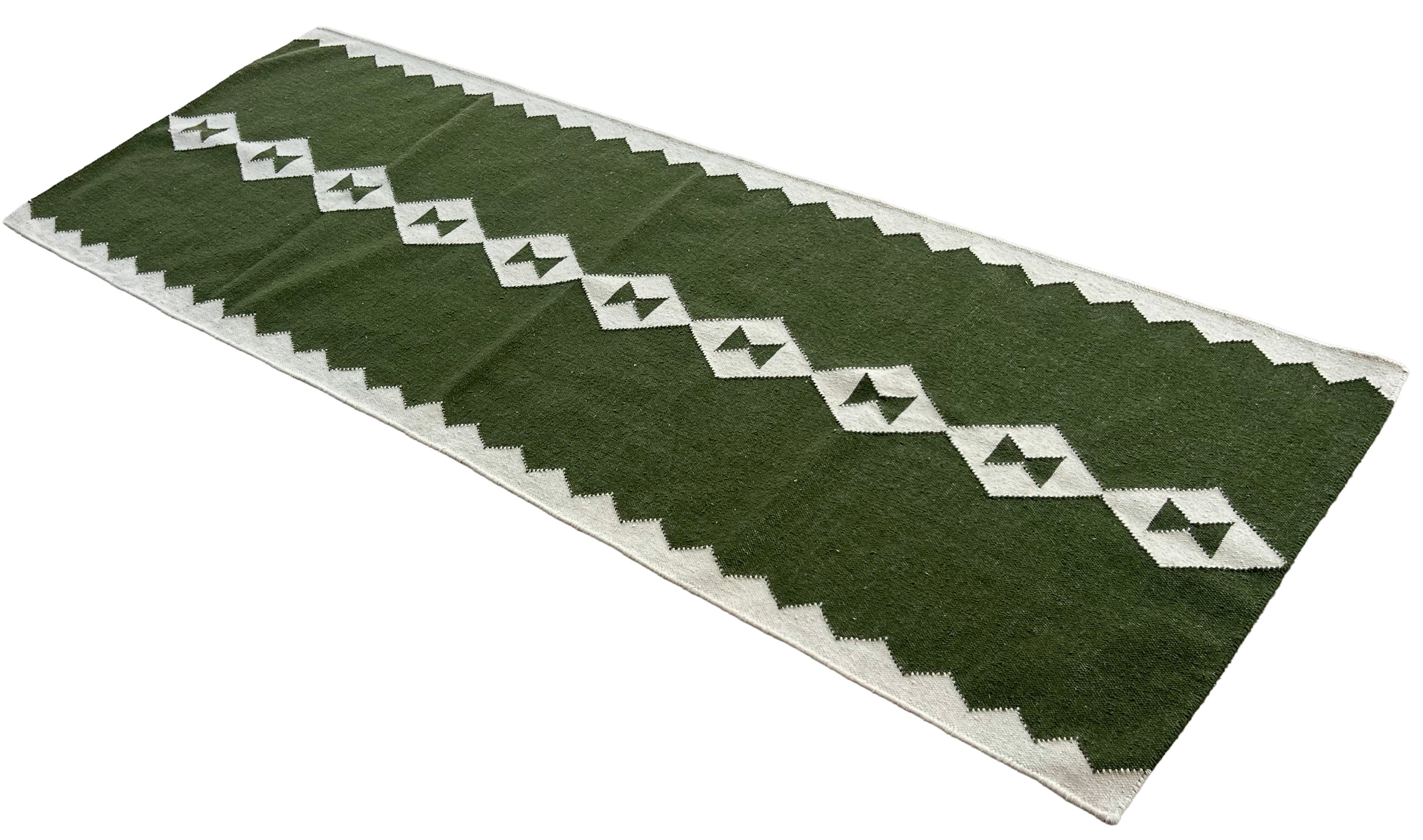 Modern Handmade New Zealand Wool Dark Olive Green And White Geometric Runner-6788