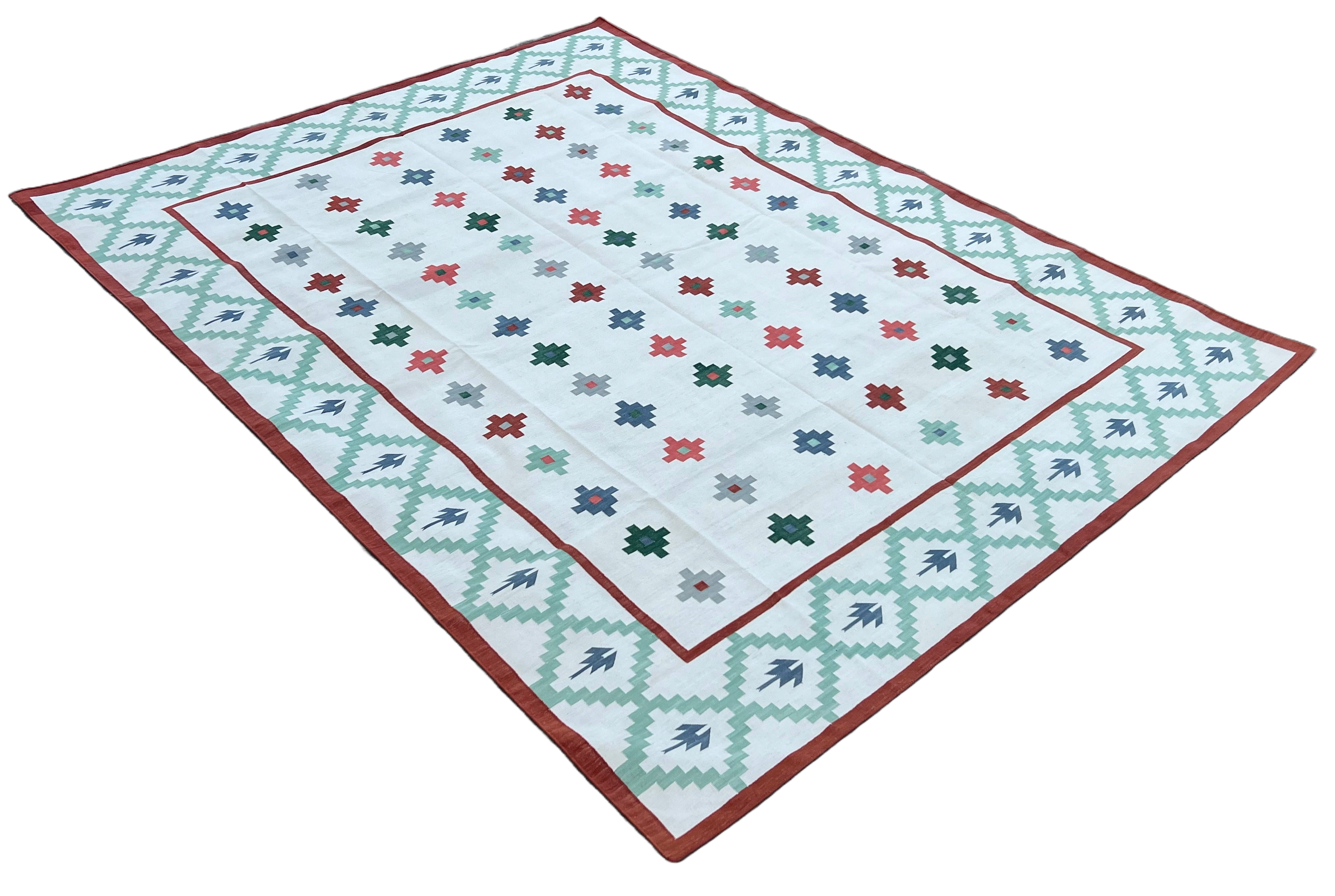 Modern Handmade Cotton Cream, Green And Red Geometric Star Rug-6530