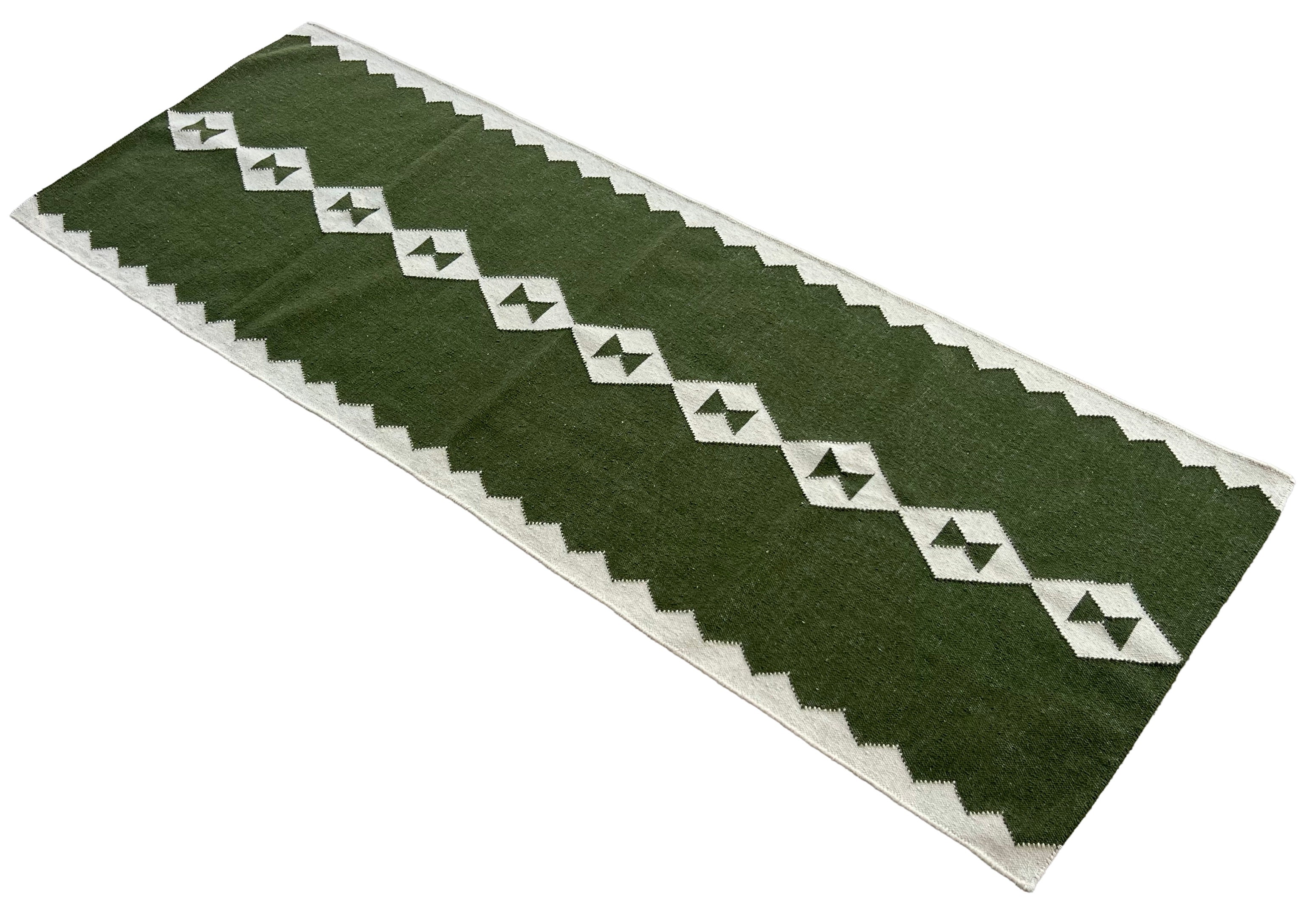 Modern Handmade New Zealand Wool Dark Olive Green And White Geometric Runner-6788