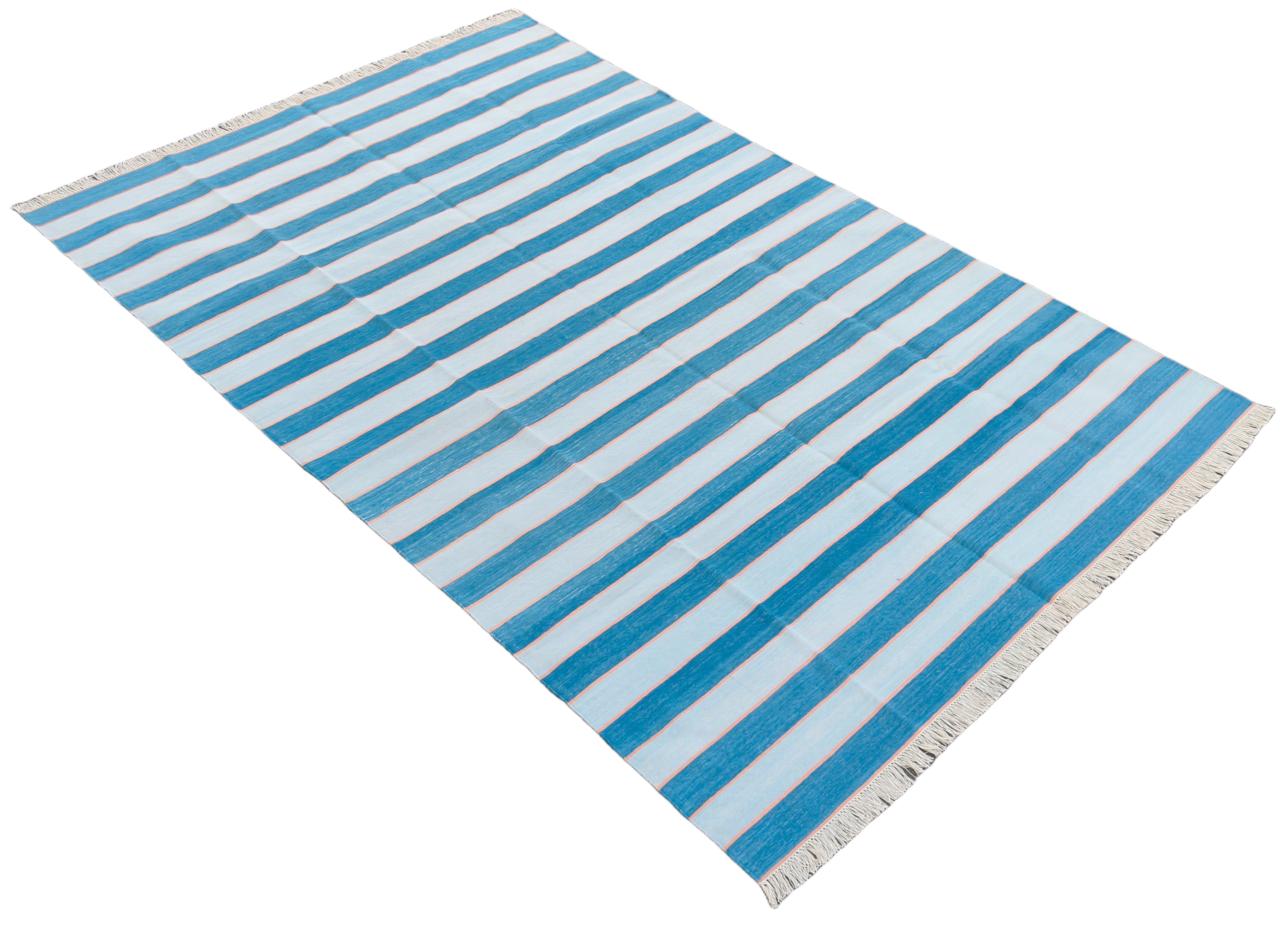 Modern Handmade Area Rug, Cotton Blue And Orange Striped Indian Dhurrie -6771