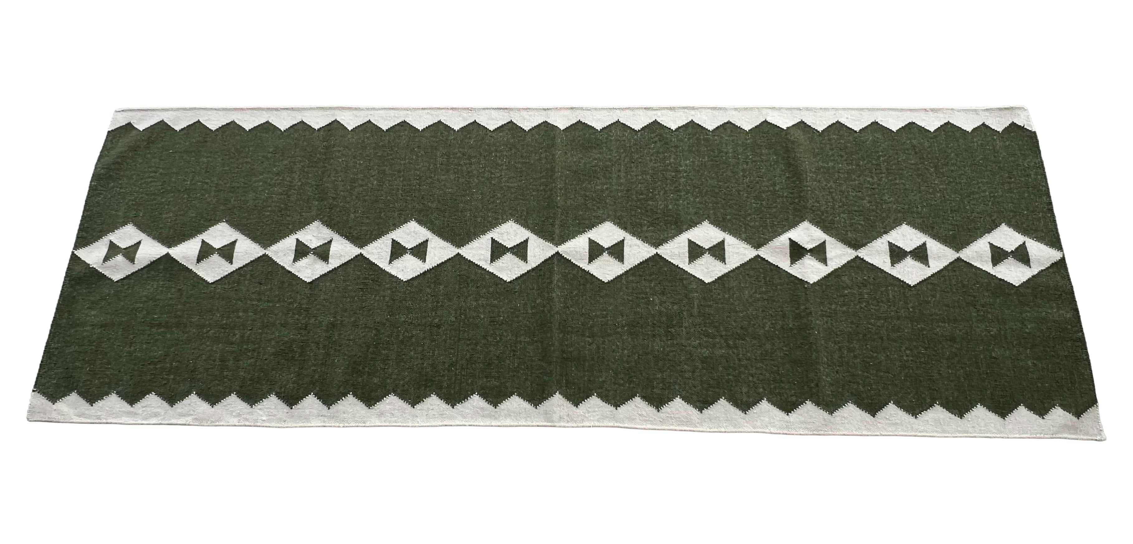 Modern Handmade New Zealand Wool Dark Olive Green And White Geometric Runner-6788