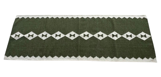 Modern Handmade New Zealand Wool Dark Olive Green And White Geometric Runner-6788