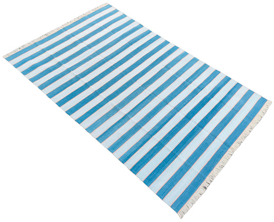 Modern Handmade Area Rug, Cotton Blue And Orange Striped Indian Dhurrie -6771