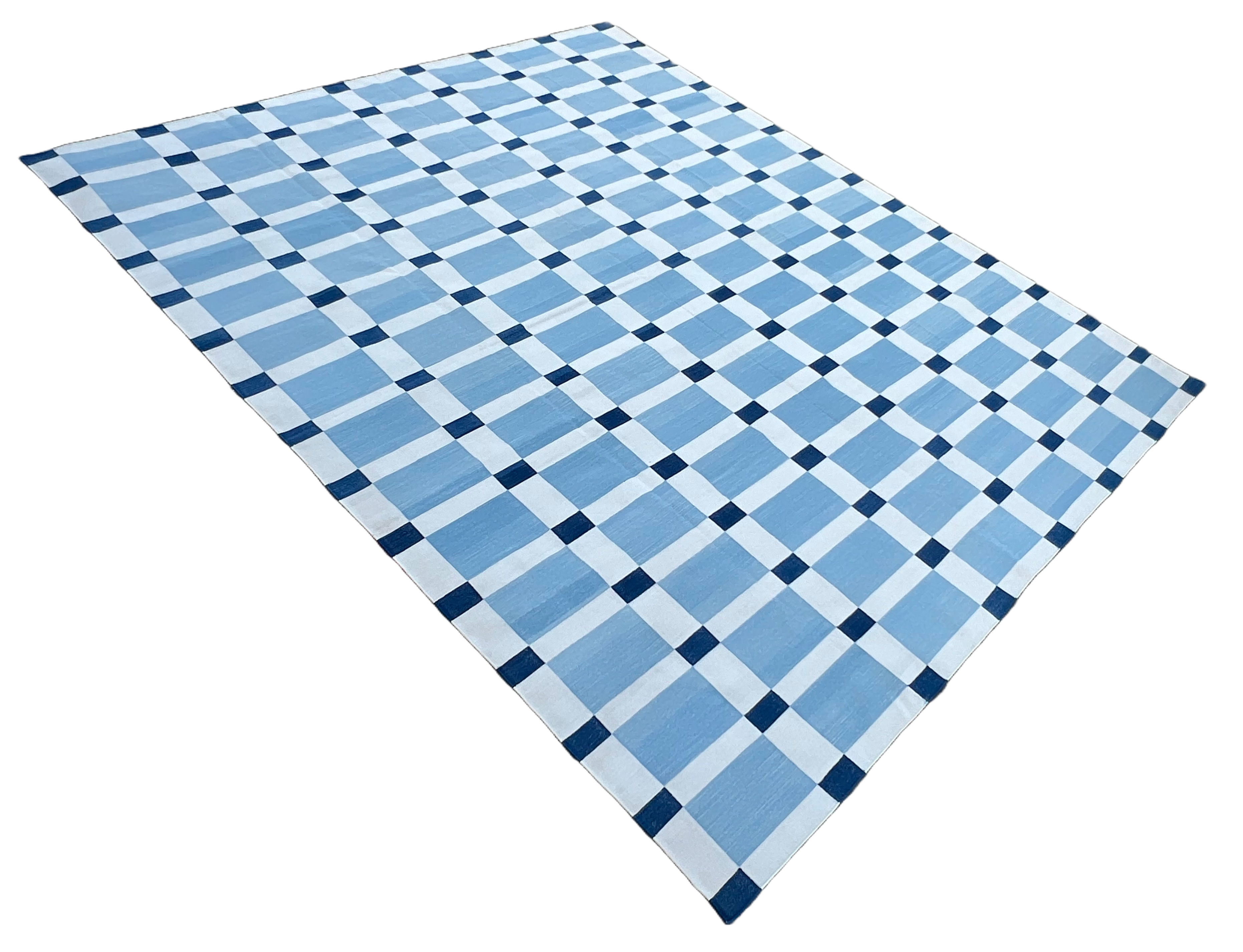 Modern Handmade Cotton Flat Weave Blue And White Geometric Rug-6527