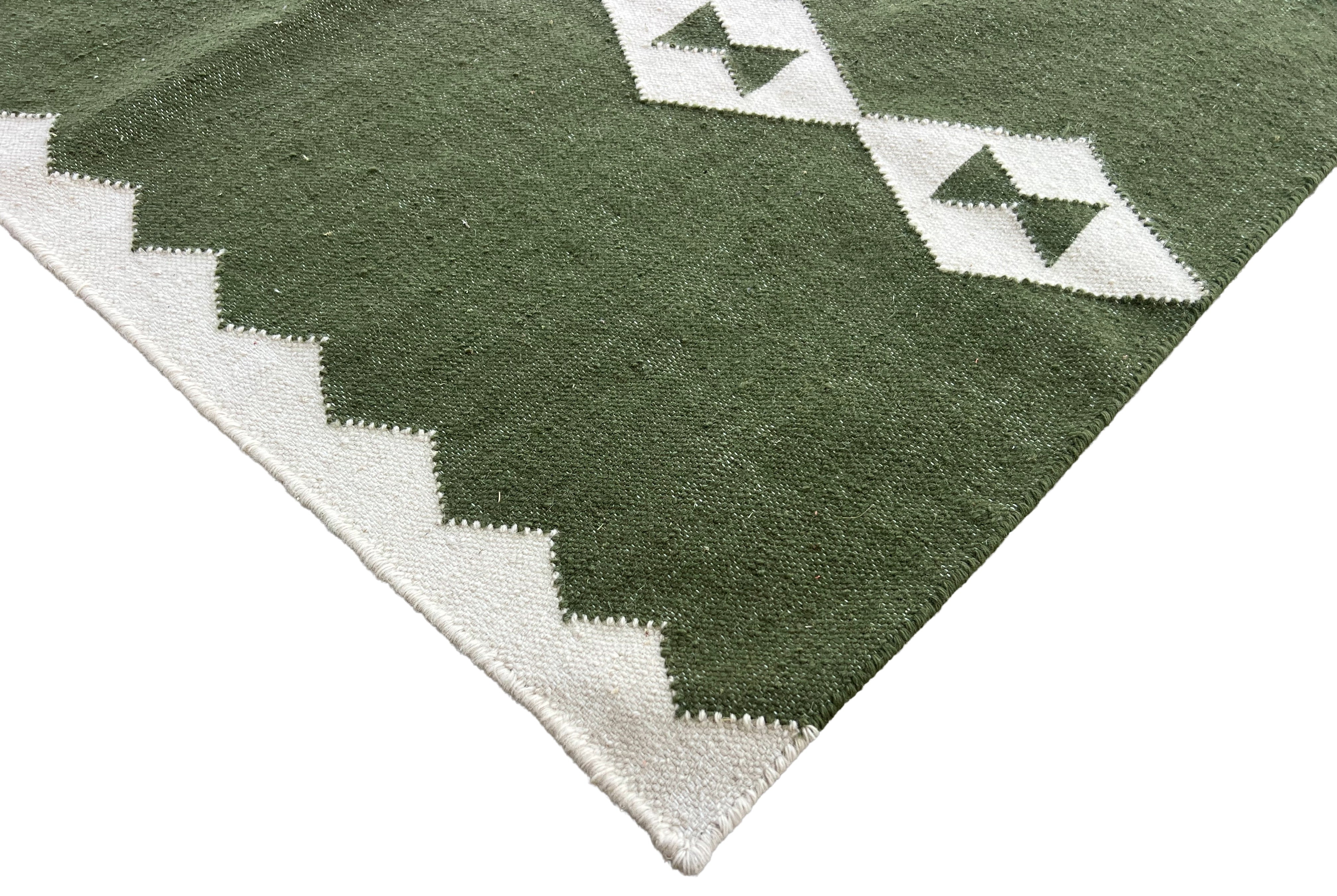 Modern Handmade New Zealand Wool Dark Olive Green And White Geometric Runner-6788