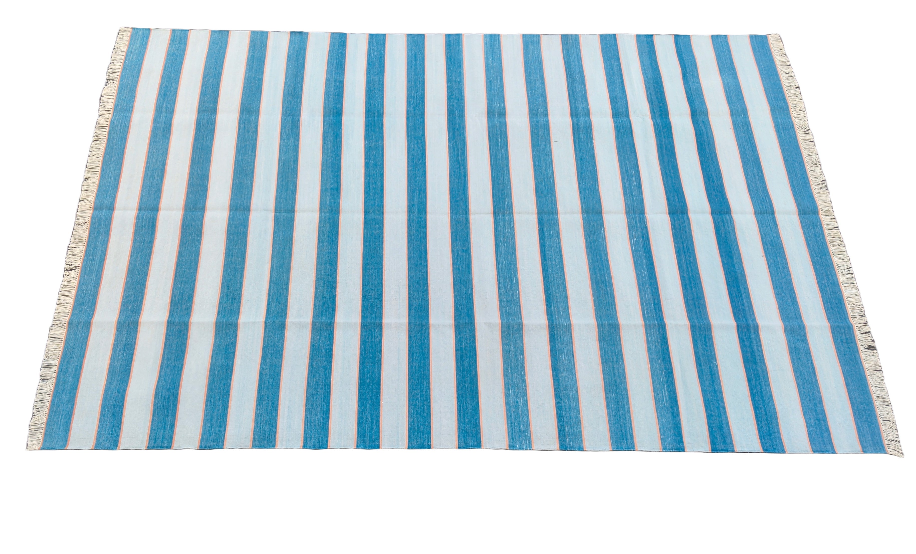 Modern Handmade Area Rug, Cotton Blue And Orange Striped Indian Dhurrie -6771