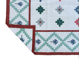 Modern Handmade Cotton Cream, Green And Red Geometric Star Rug-6530