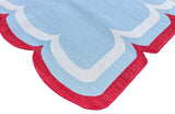 Modern Handmade Cotton Sky Blue, Cream and Red Scalloped Rug-9659