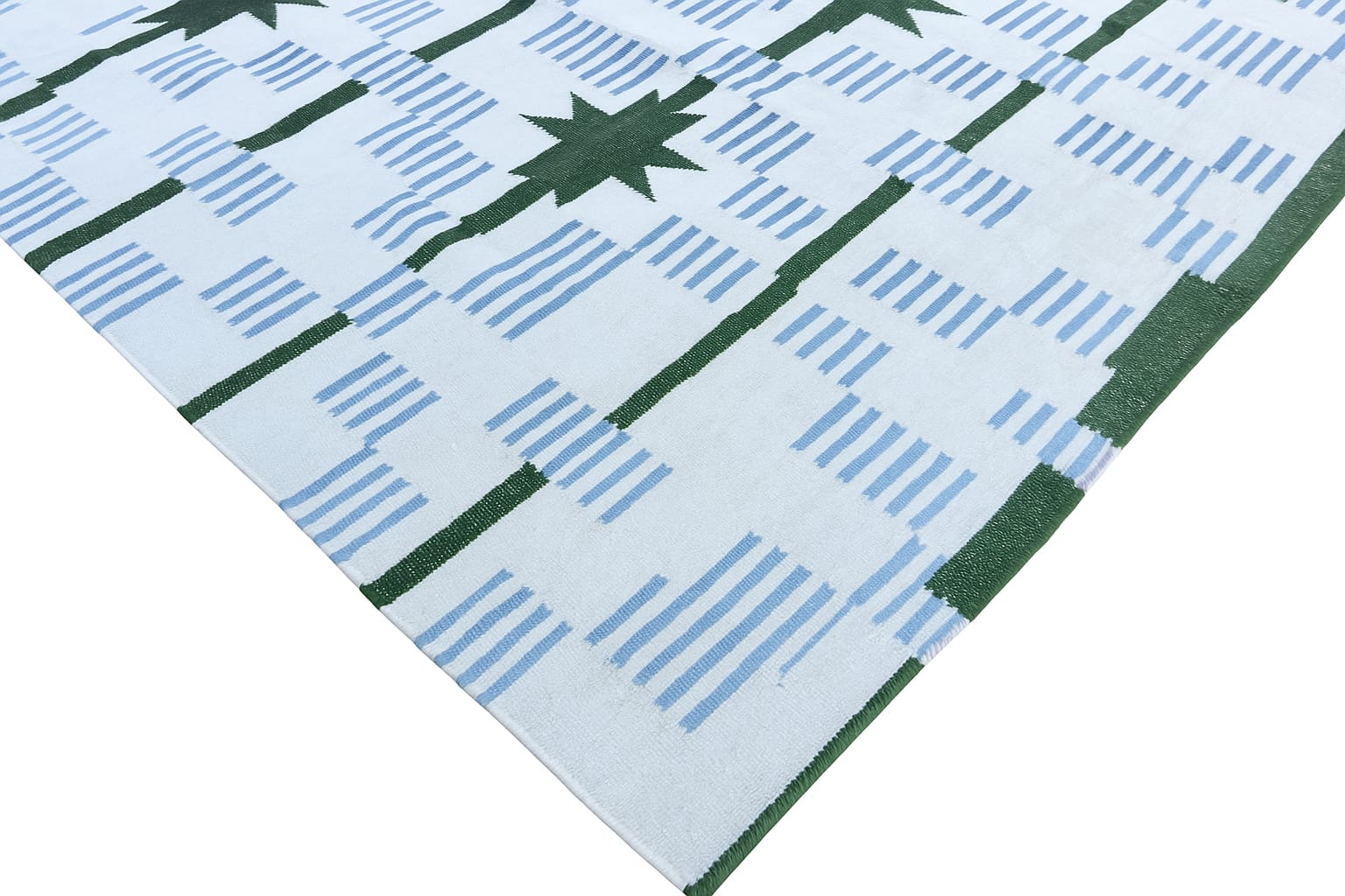 Modern Handmade Woolen Cream, Blue And Green Star And Dash Striped Rug-6743