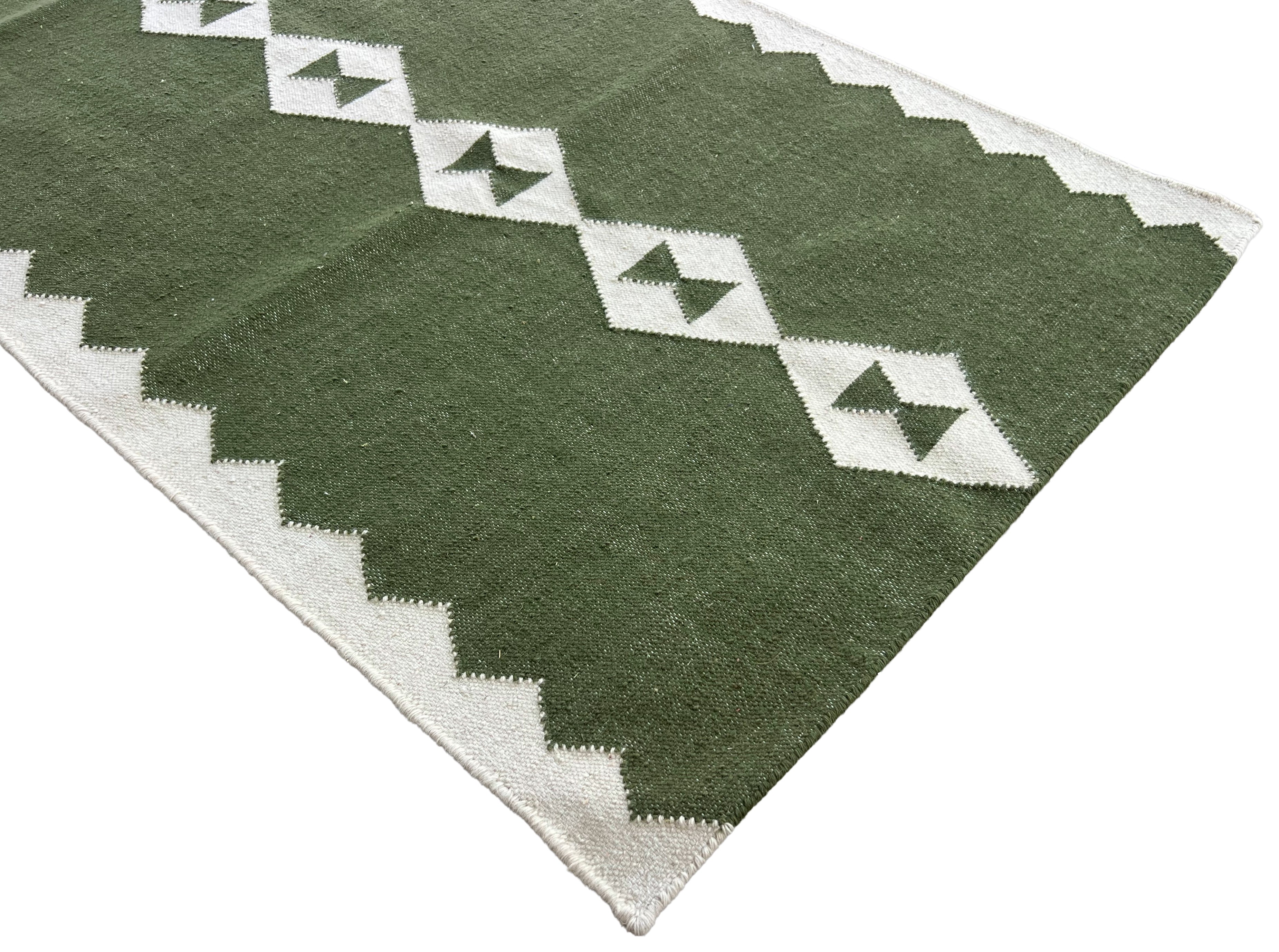 Modern Handmade New Zealand Wool Dark Olive Green And White Geometric Runner-6788
