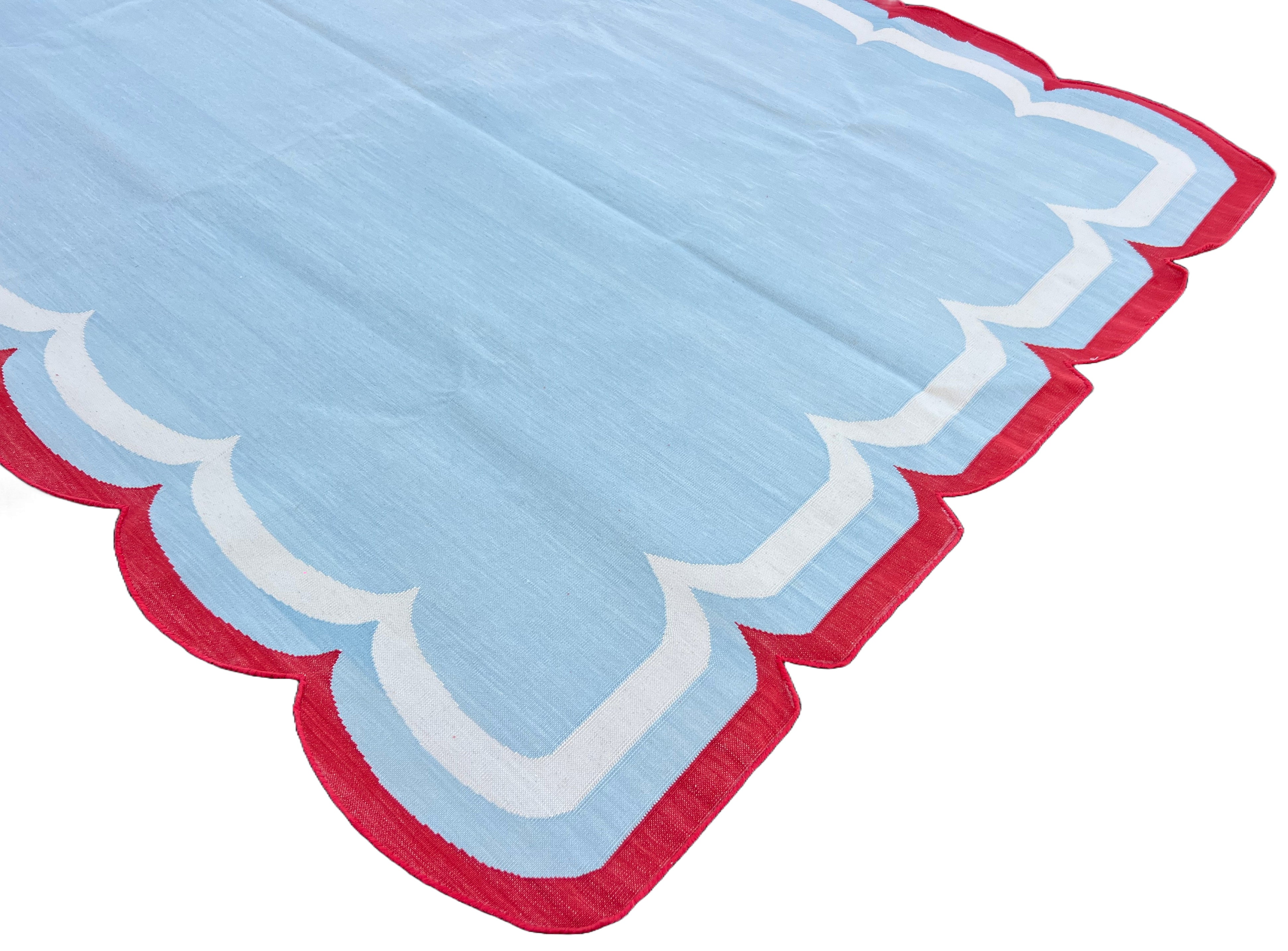 Modern Handmade Cotton Sky Blue, Cream and Red Scalloped Rug-9659