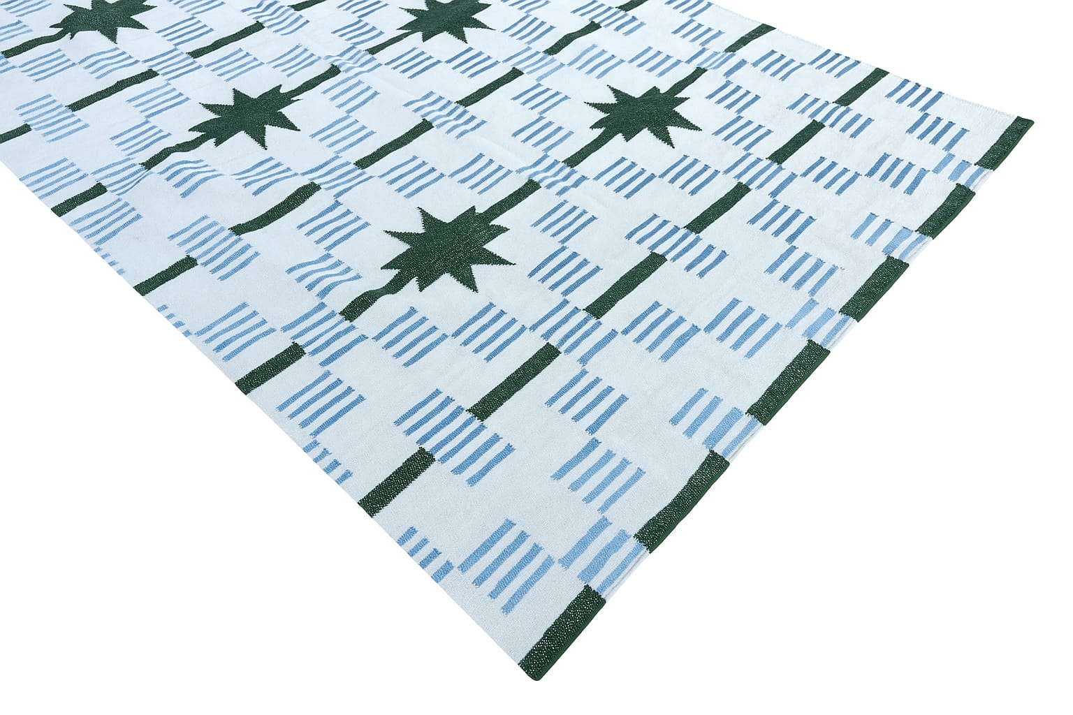 Modern Handmade Woolen Cream, Blue And Green Star And Dash Striped Rug-6743