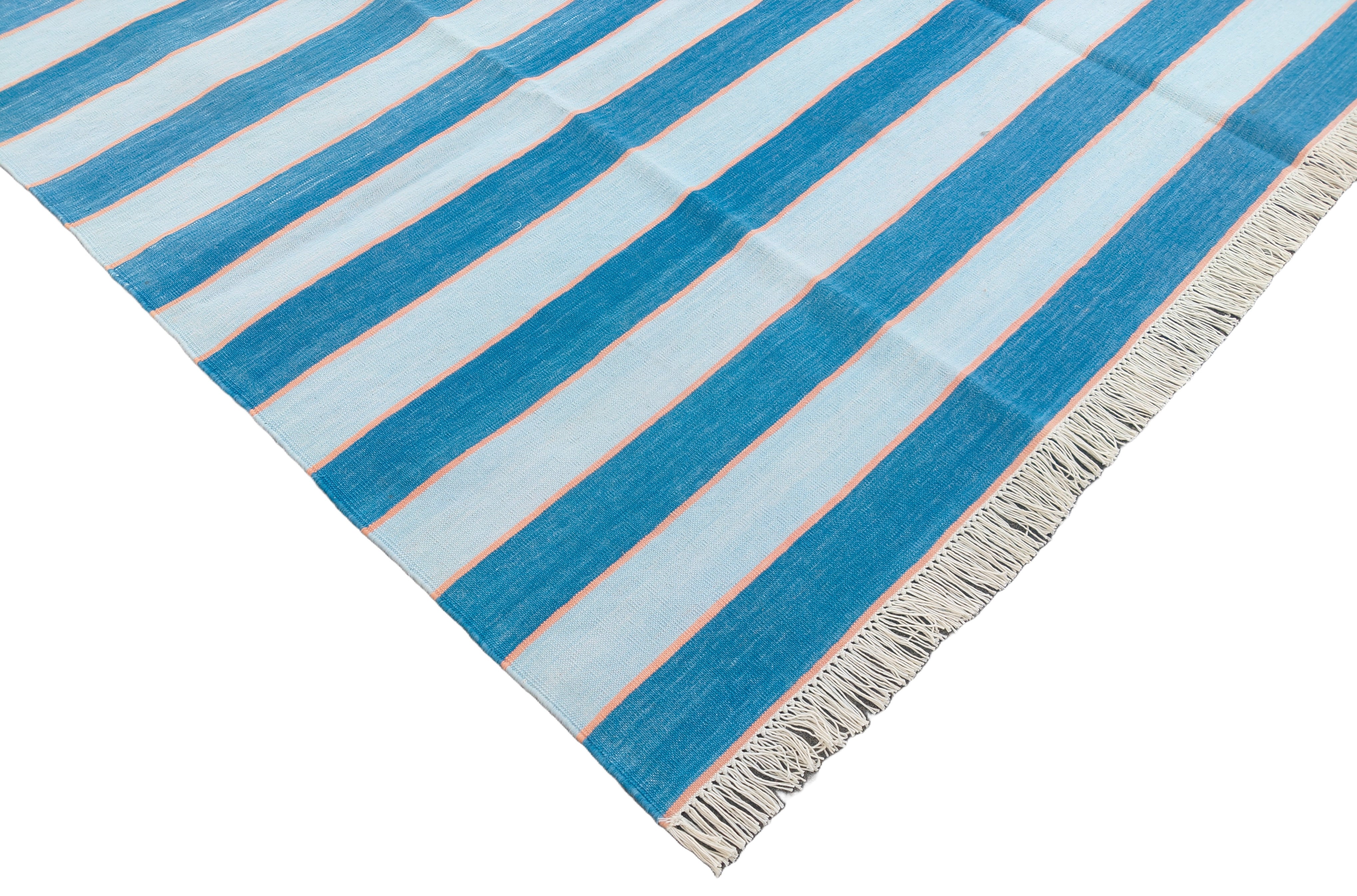 Modern Handmade Area Rug, Cotton Blue And Orange Striped Indian Dhurrie -6771