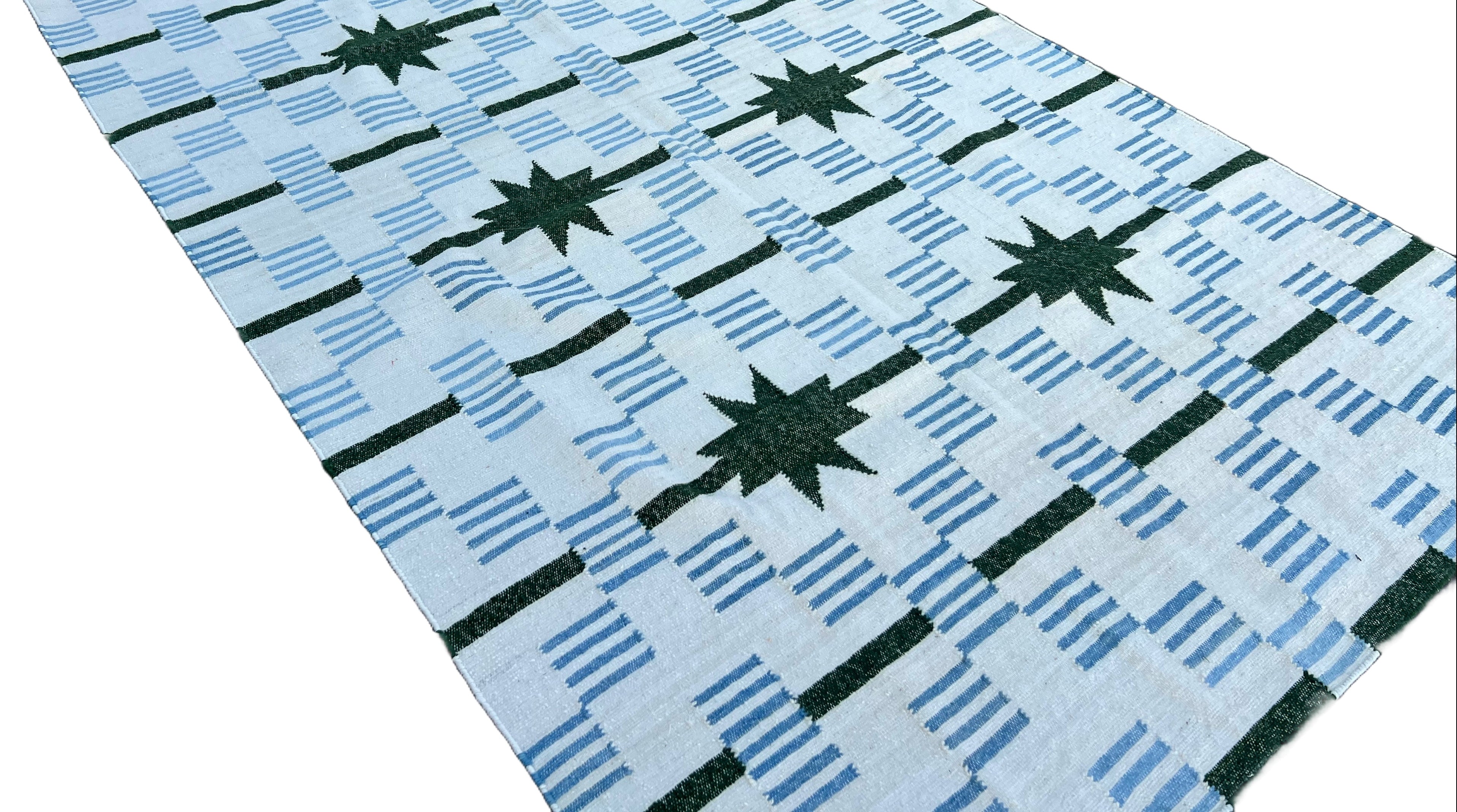 Modern Handmade Woolen Cream, Blue And Green Star And Dash Striped Rug-6743