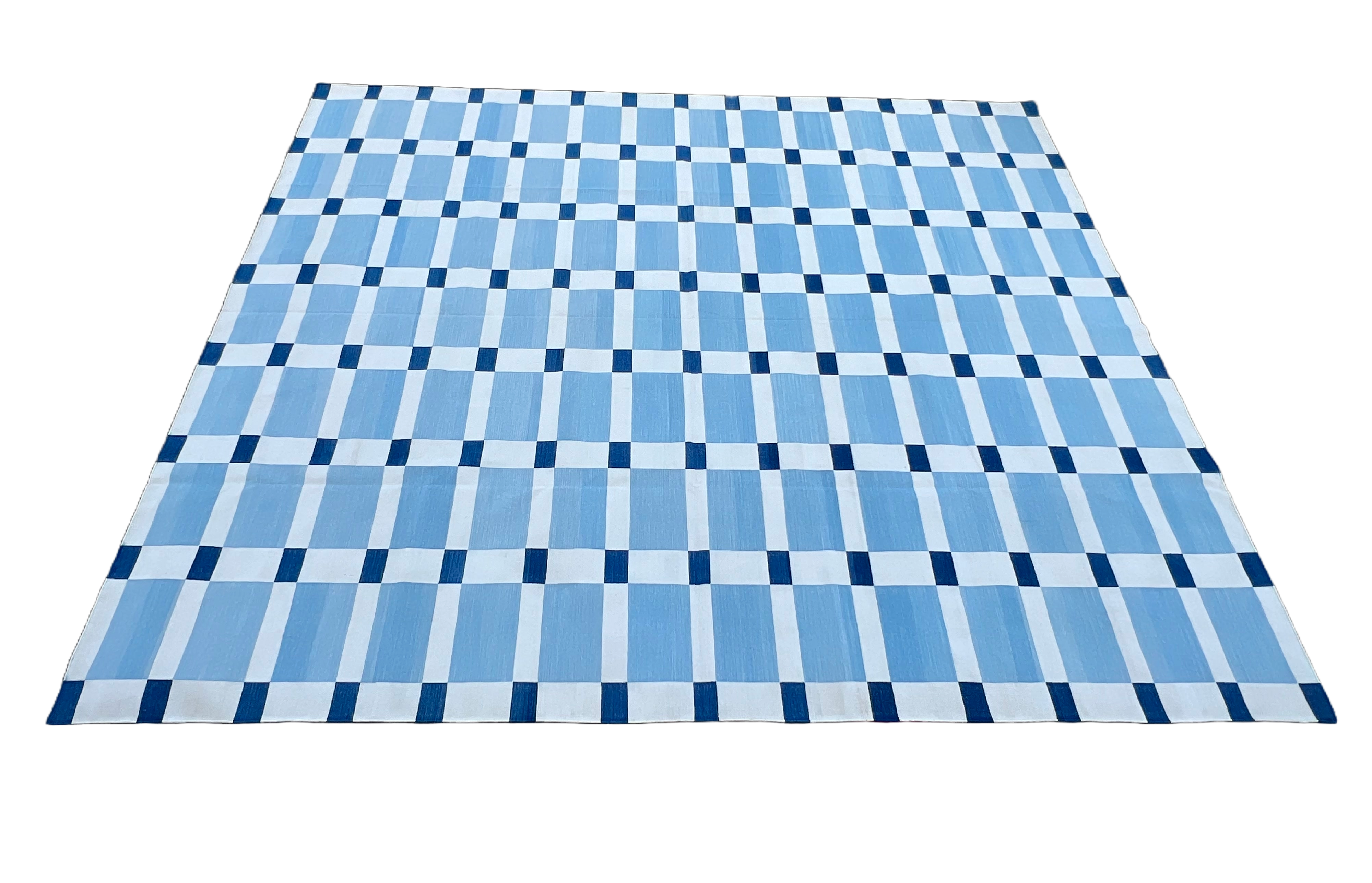 Modern Handmade Cotton Flat Weave Blue And White Geometric Rug-6527