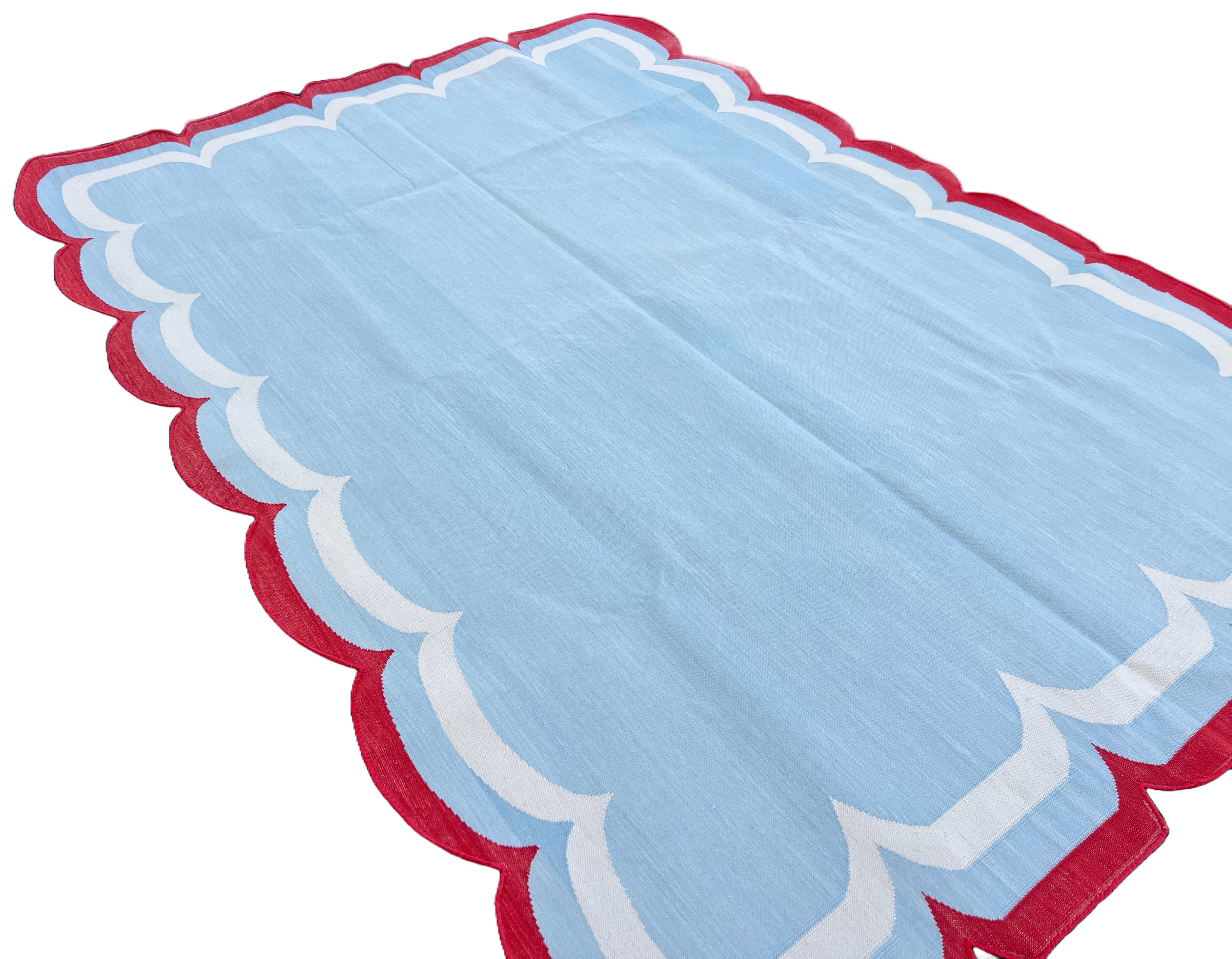 Modern Handmade Cotton Sky Blue, Cream and Red Scalloped Rug-9659