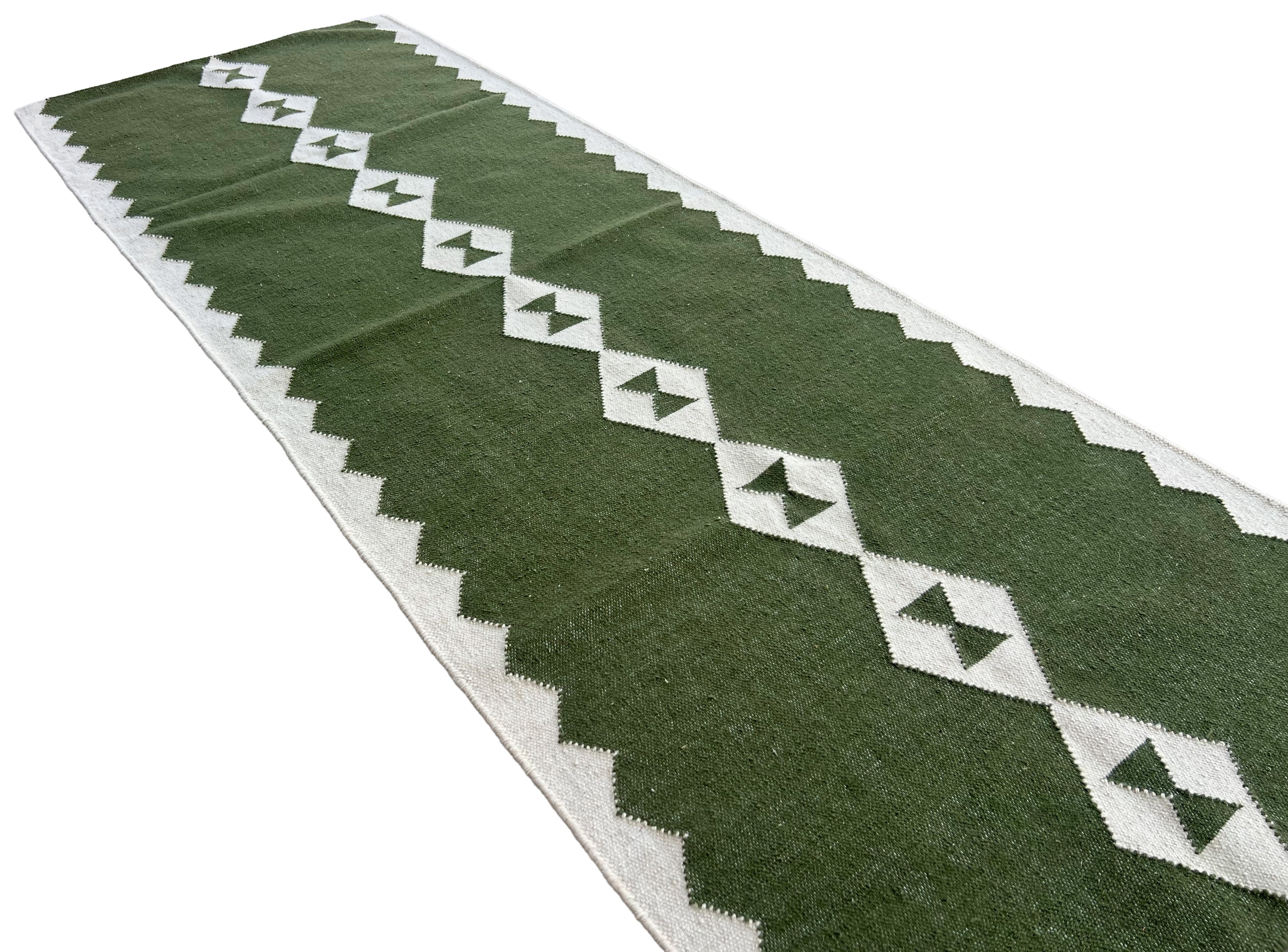 Modern Handmade New Zealand Wool Dark Olive Green And White Geometric Runner-6788
