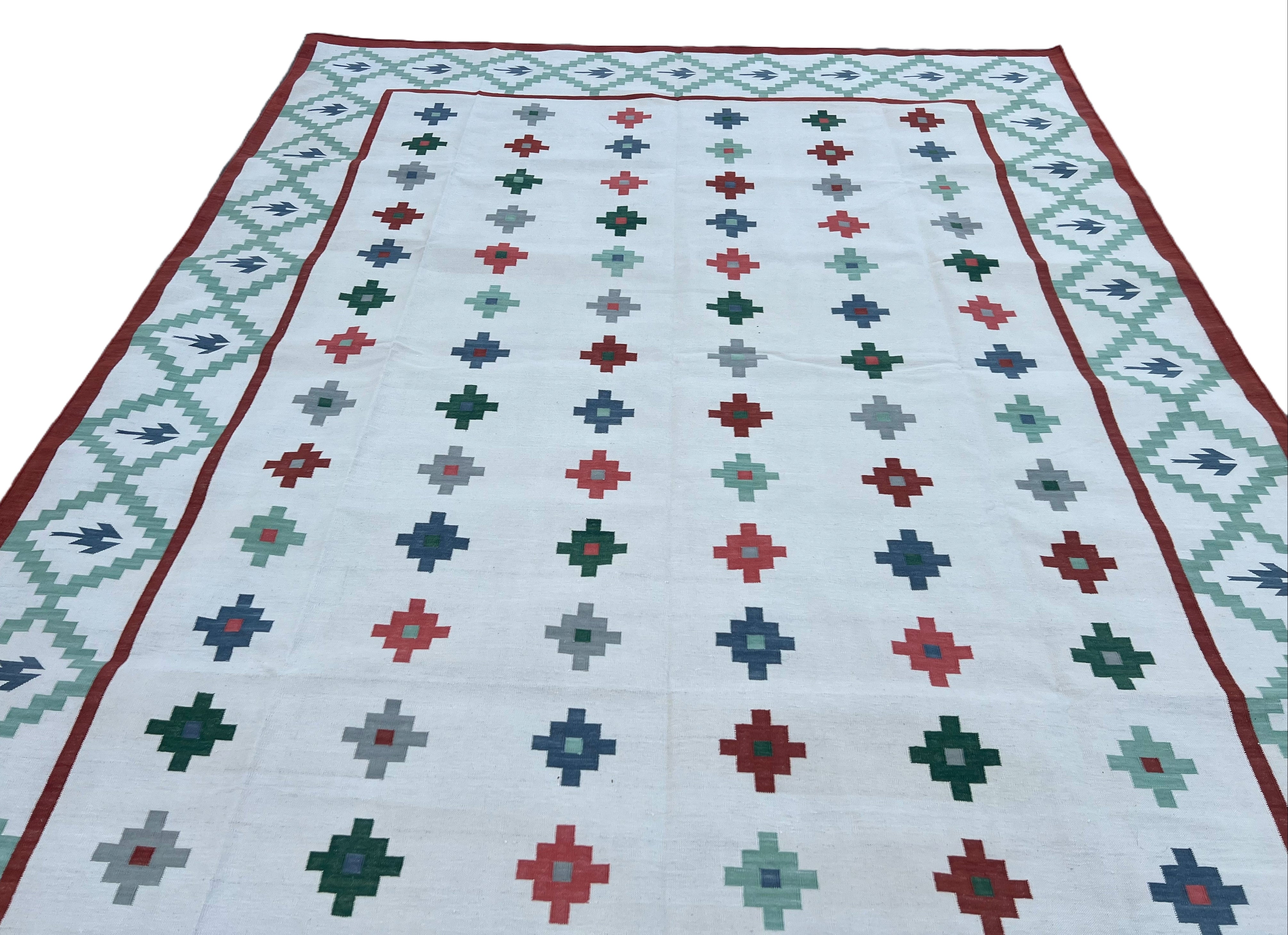 Modern Handmade Cotton Cream, Green And Red Geometric Star Rug-6530