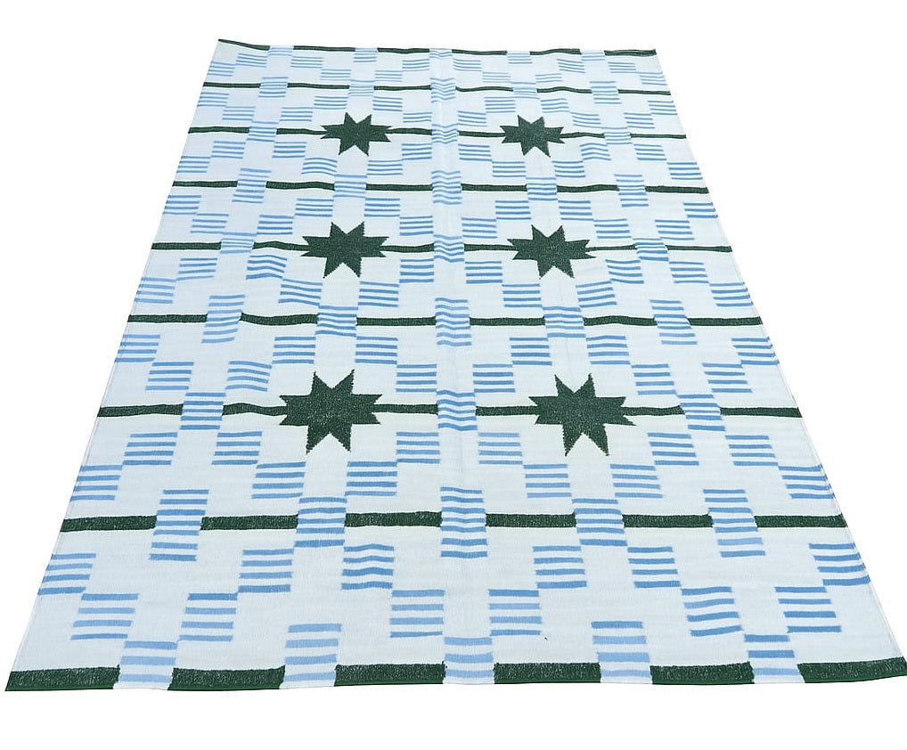 Modern Handmade Woolen Cream, Blue And Green Star And Dash Striped Rug-6743