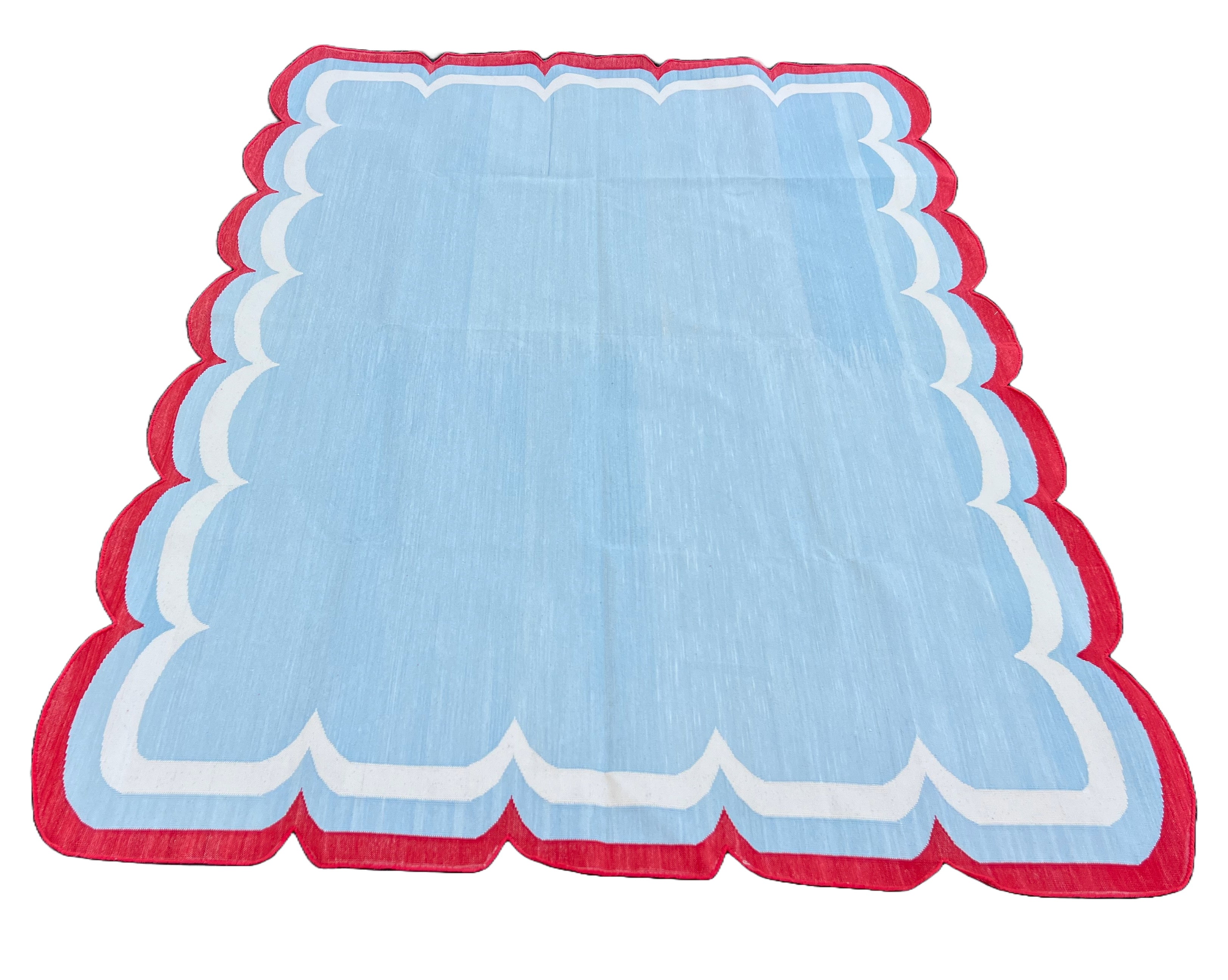 Modern Handmade Cotton Sky Blue, Cream and Red Scalloped Rug-9659