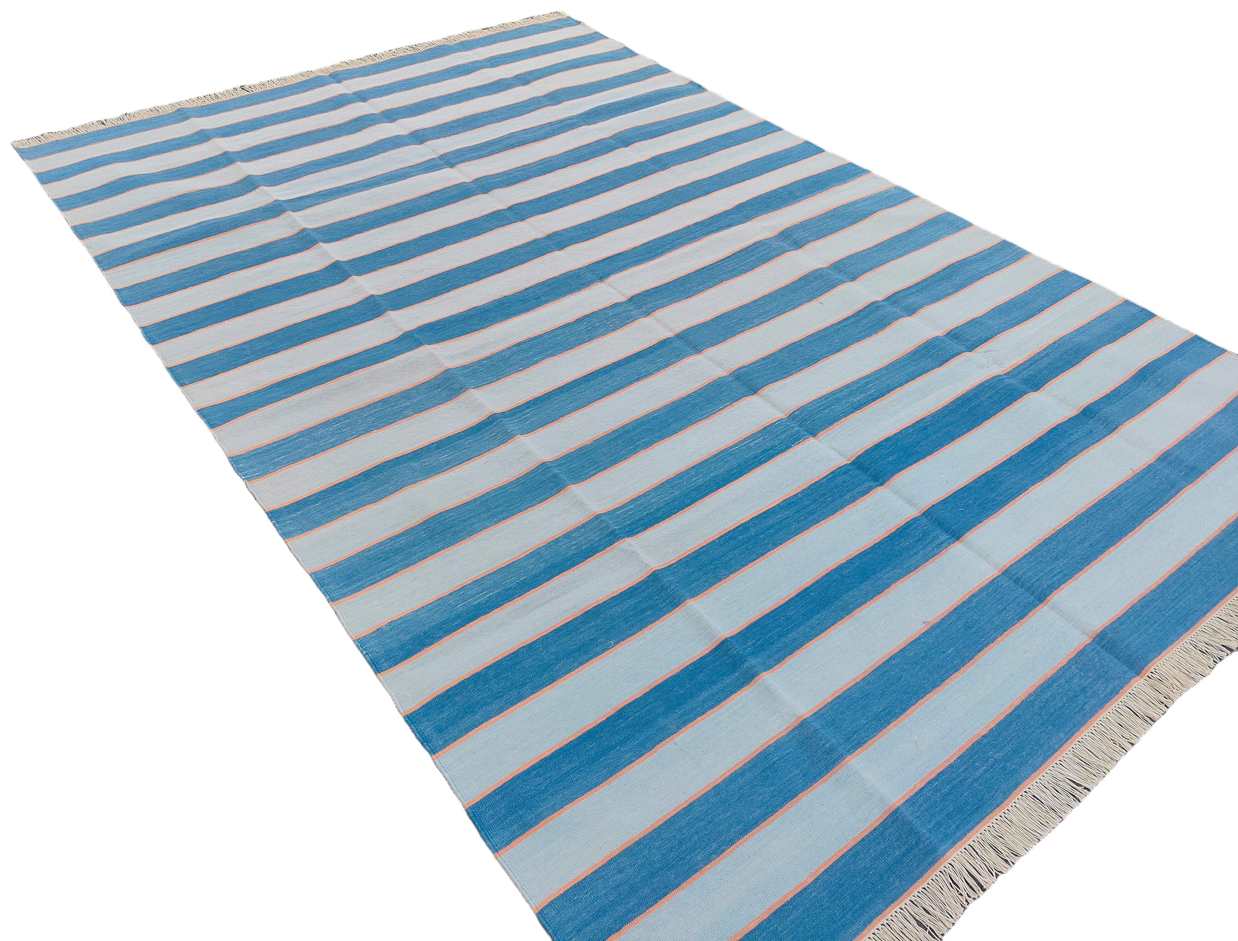 Modern Handmade Area Rug, Cotton Blue And Orange Striped Indian Dhurrie -6771