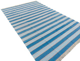 Modern Handmade Area Rug, Cotton Blue And Orange Striped Indian Dhurrie -6771