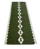 Modern Handmade New Zealand Wool Dark Olive Green And White Geometric Runner-6788