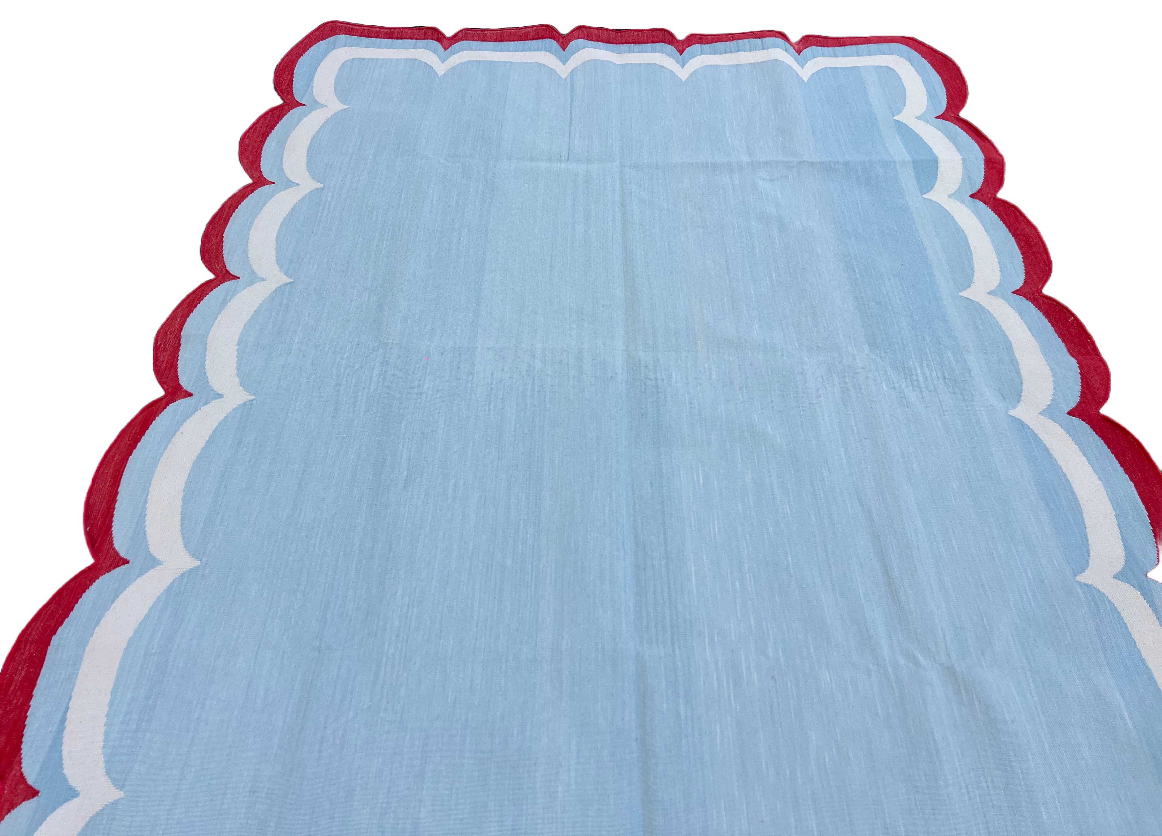 Modern Handmade Cotton Sky Blue, Cream and Red Scalloped Rug-9659