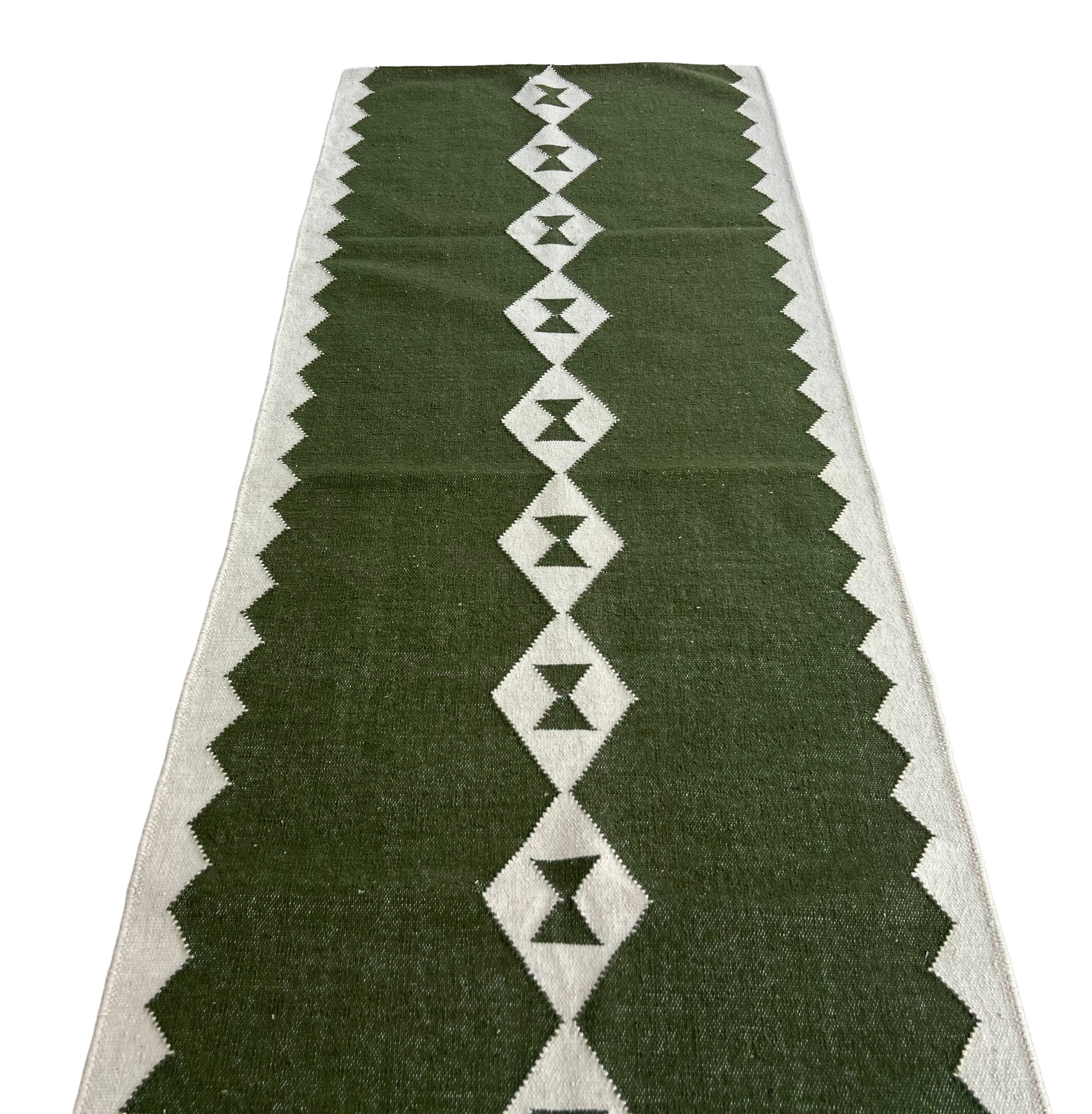 Modern Handmade New Zealand Wool Dark Olive Green And White Geometric Runner-6788