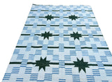 Modern Handmade Woolen Cream, Blue And Green Star And Dash Striped Rug-6743