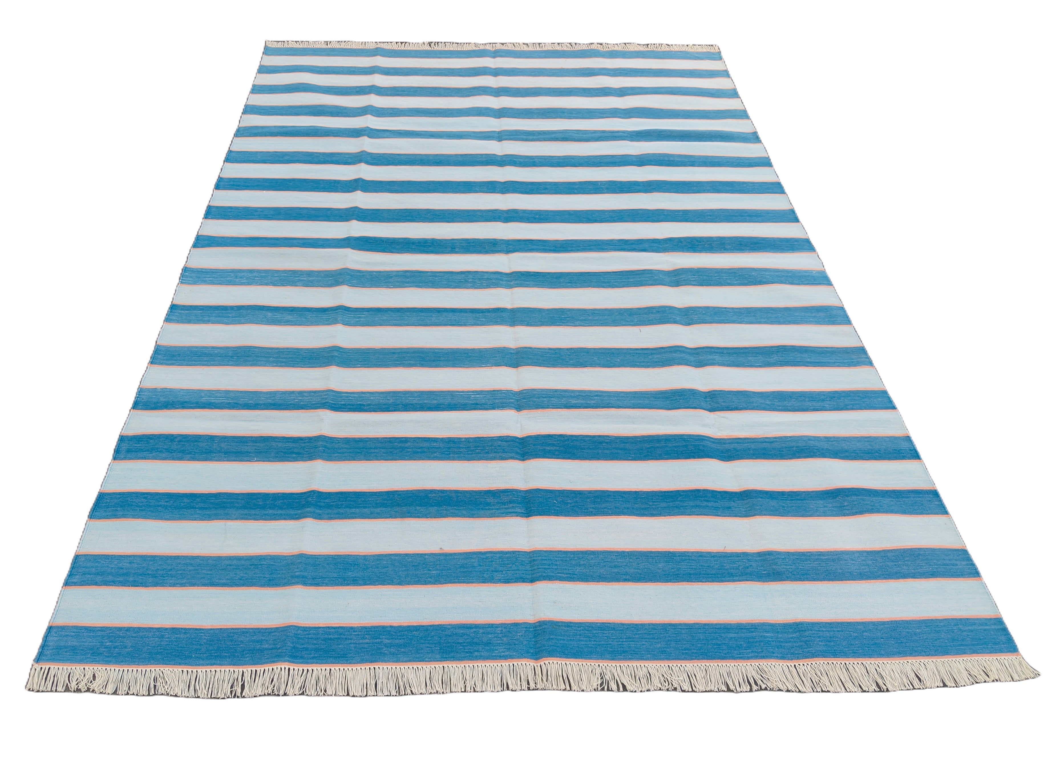 Modern Handmade Area Rug, Cotton Blue And Orange Striped Indian Dhurrie -6771