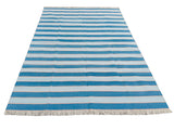 Modern Handmade Area Rug, Cotton Blue And Orange Striped Indian Dhurrie -6771