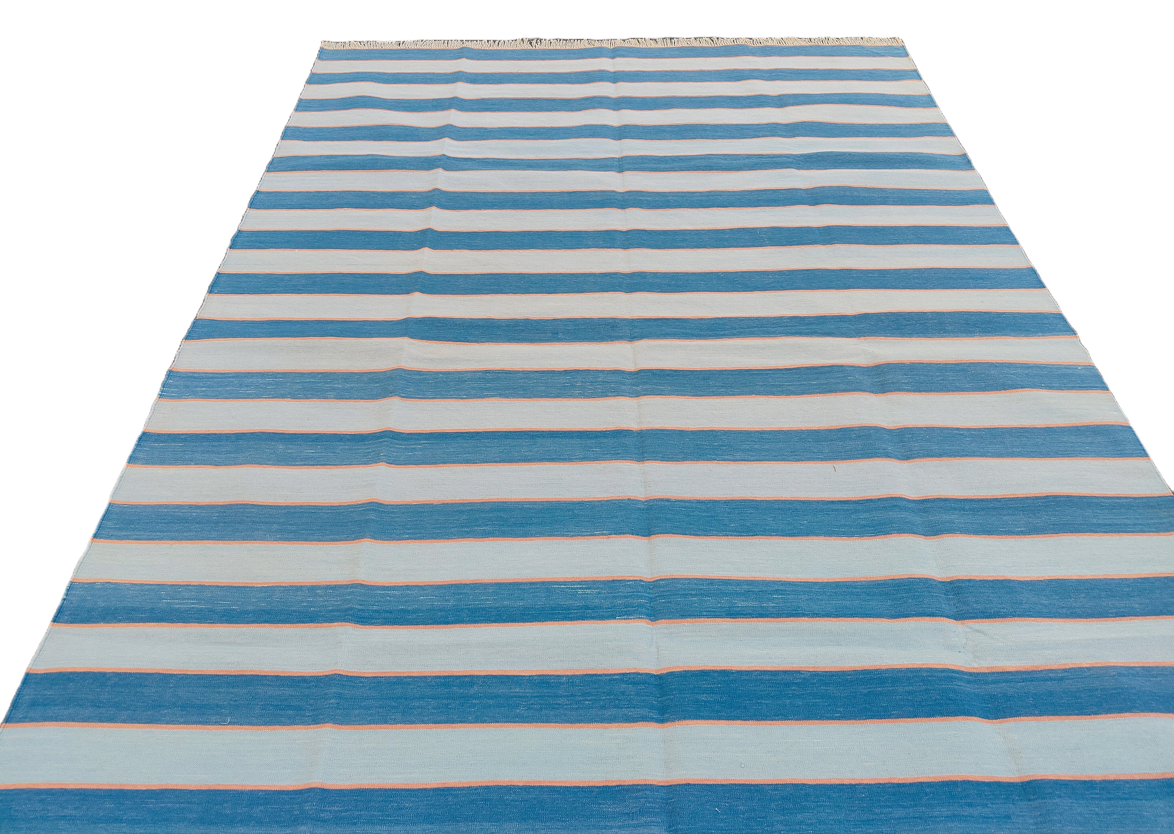 Modern Handmade Area Rug, Cotton Blue And Orange Striped Indian Dhurrie -6771