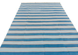 Modern Handmade Area Rug, Cotton Blue And Orange Striped Indian Dhurrie -6771