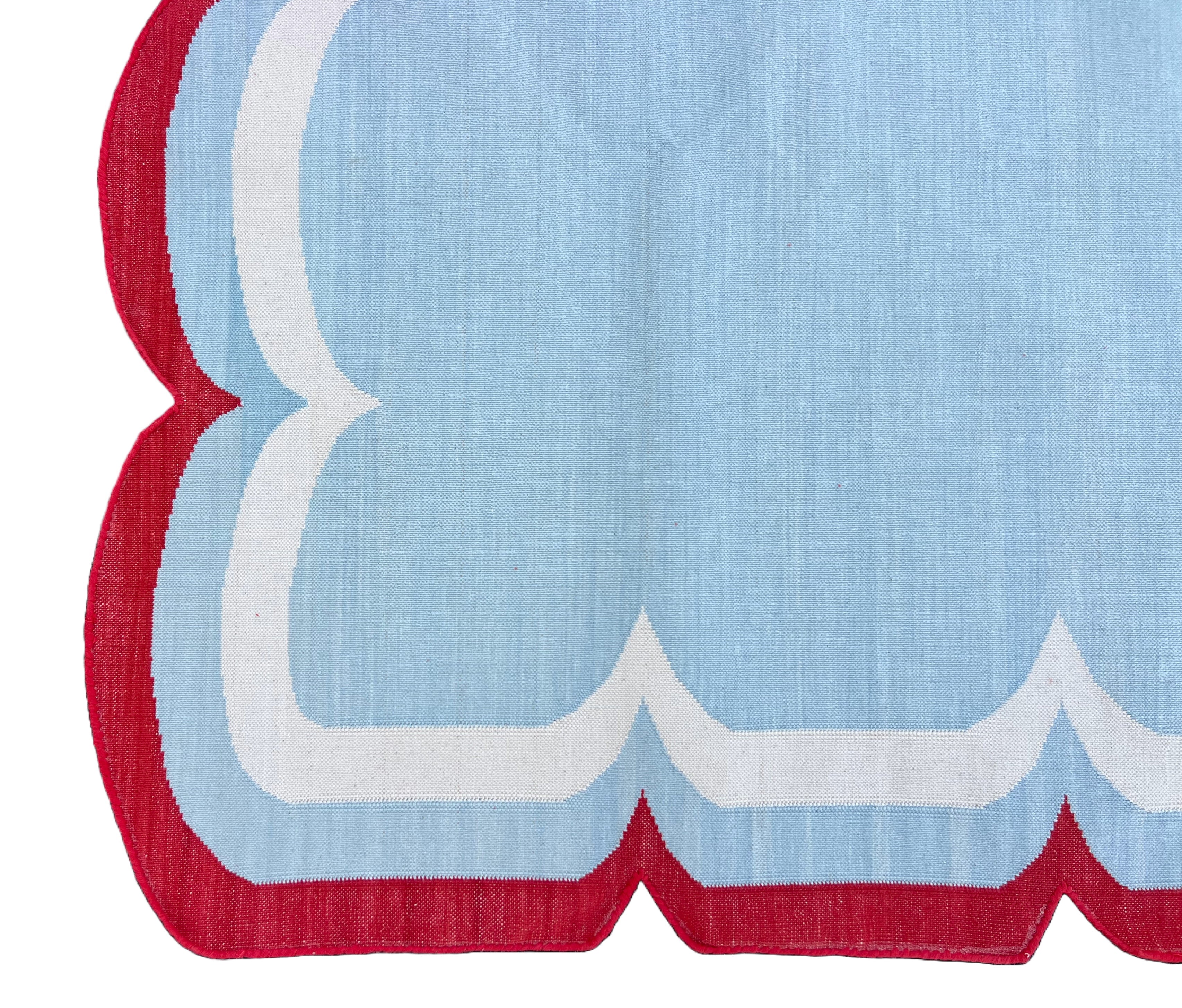 Modern Handmade Cotton Sky Blue, Cream and Red Scalloped Rug-9659