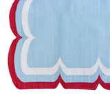 Modern Handmade Cotton Sky Blue, Cream and Red Scalloped Rug-9659