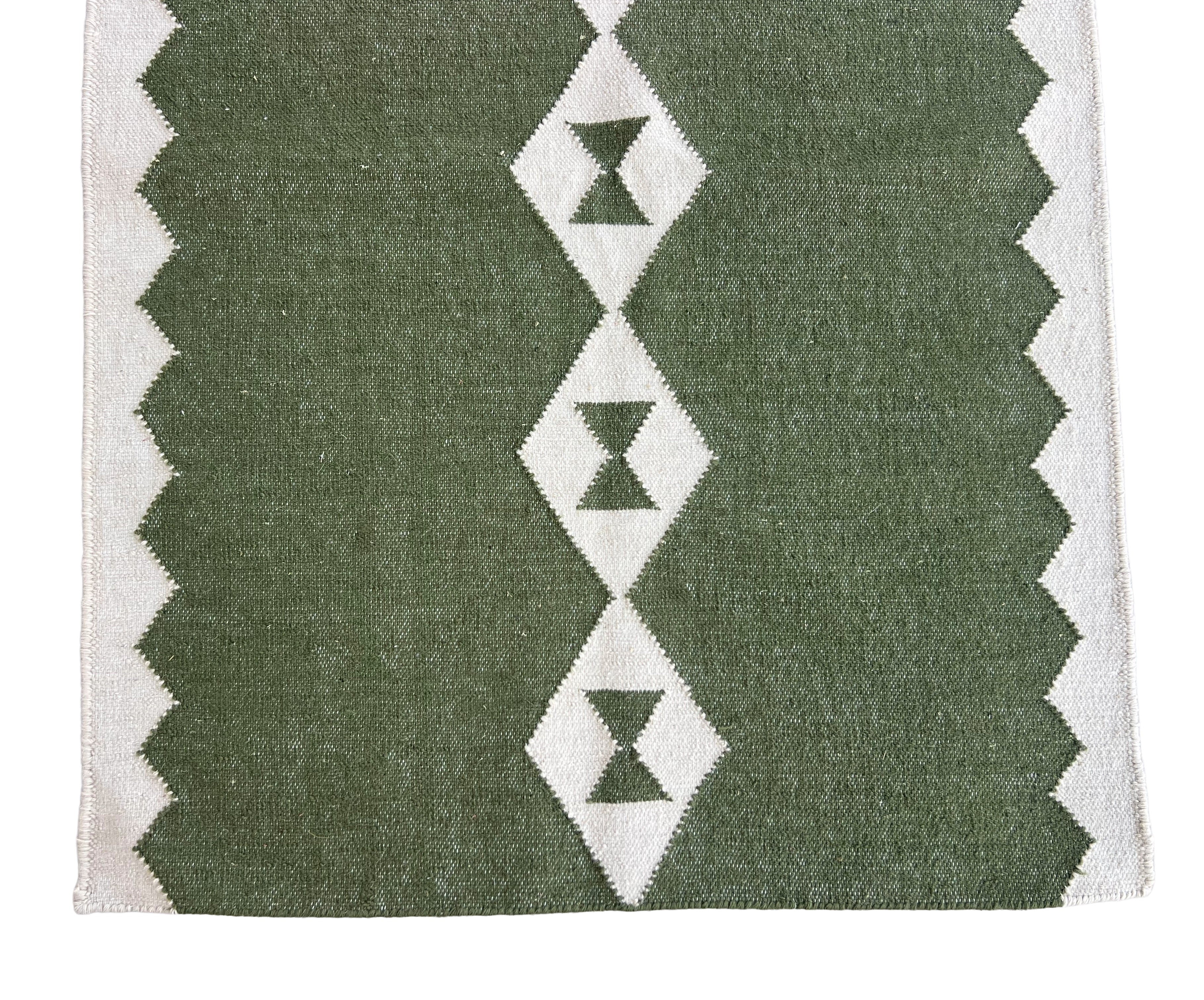 Modern Handmade New Zealand Wool Dark Olive Green And White Geometric Runner-6788