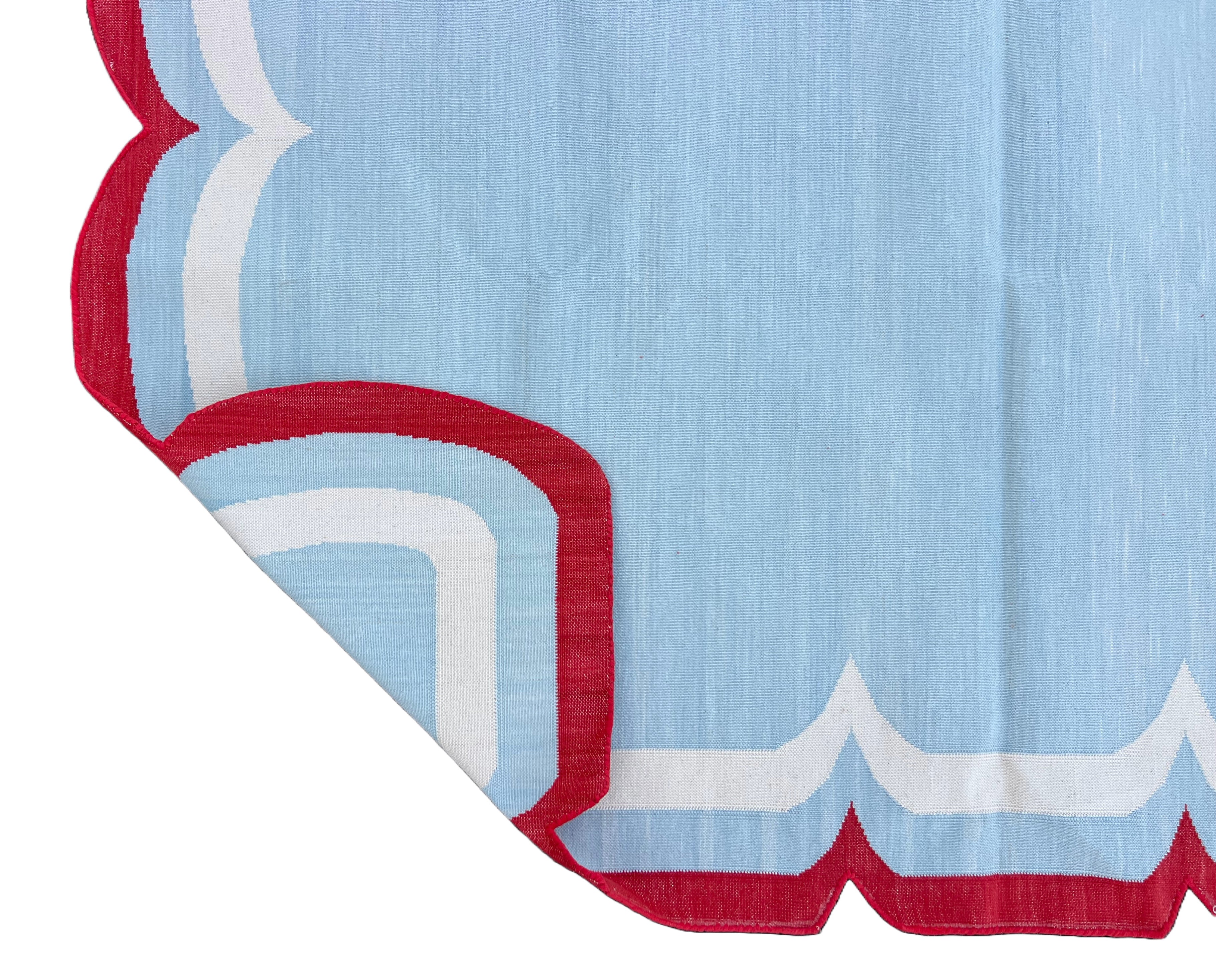 Modern Handmade Cotton Sky Blue, Cream and Red Scalloped Rug-9659