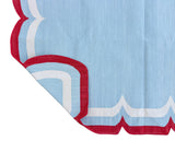 Modern Handmade Cotton Sky Blue, Cream and Red Scalloped Rug-9659