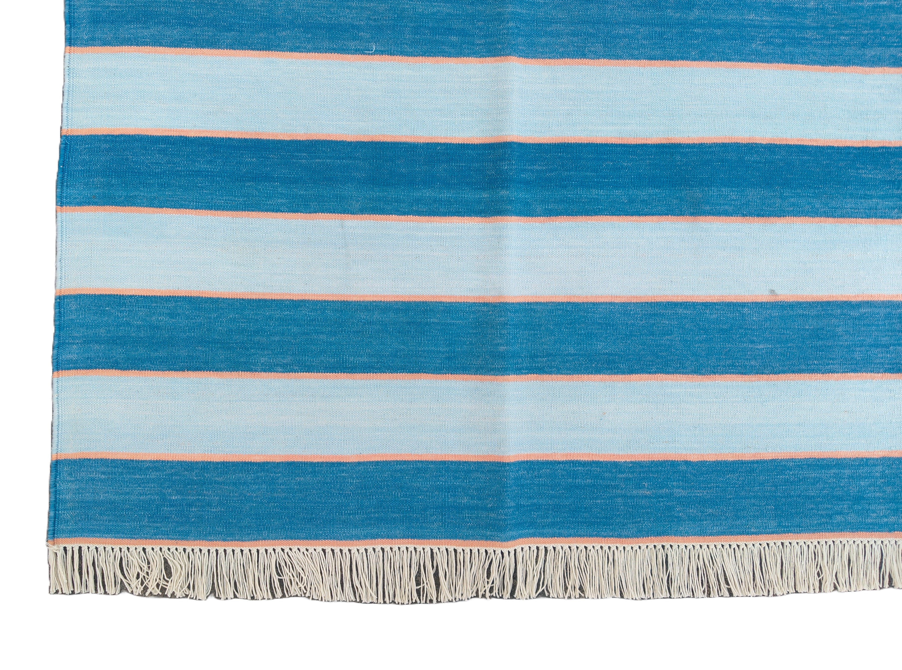Modern Handmade Area Rug, Cotton Blue And Orange Striped Indian Dhurrie -6771