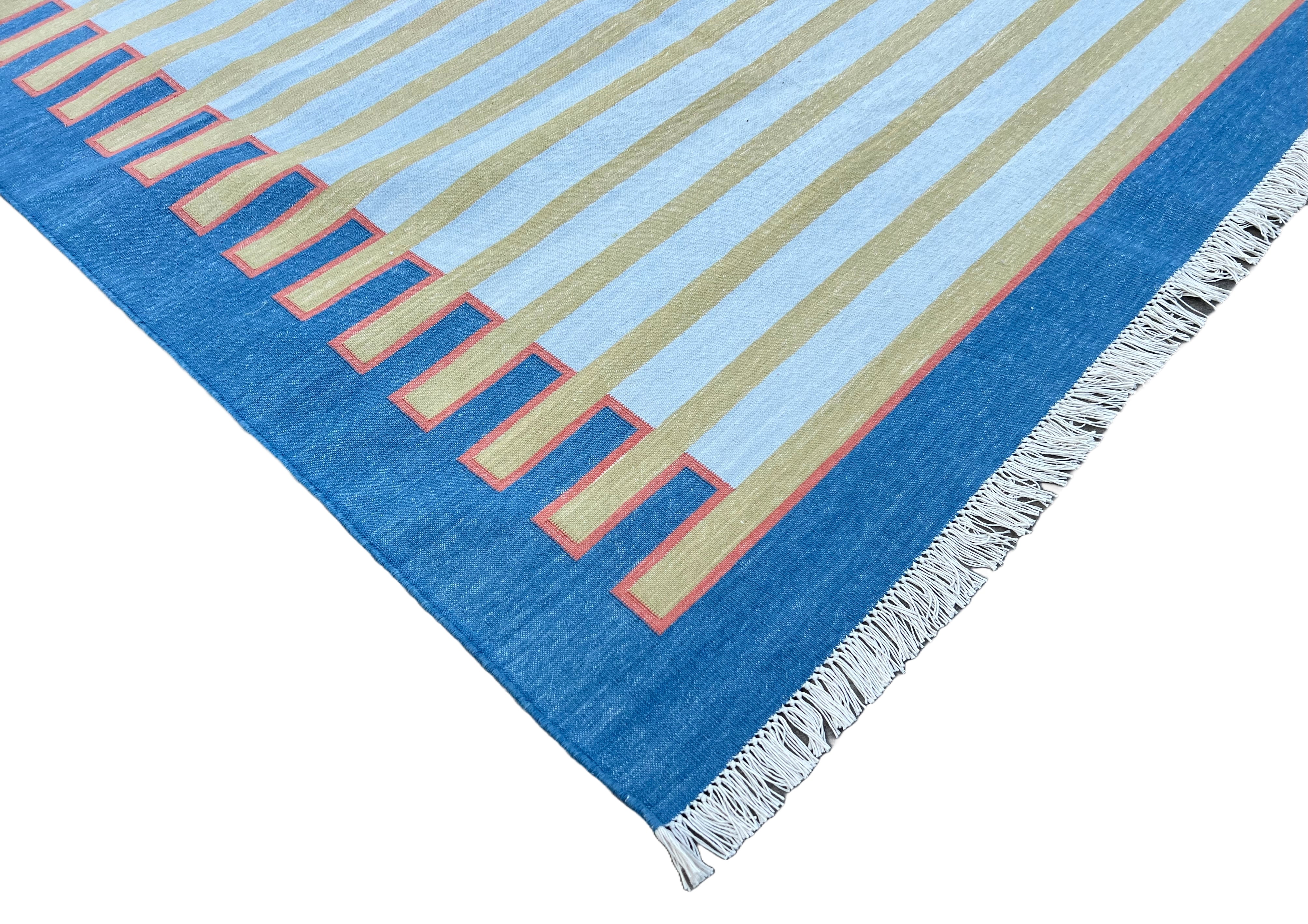 Modern Handmade Cotton Blue And Green Zig Zag Striped Rug-6520