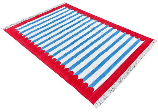 Modern Handmade Cotton Blue, White And Red Scalloped Striped Area Rug-6769