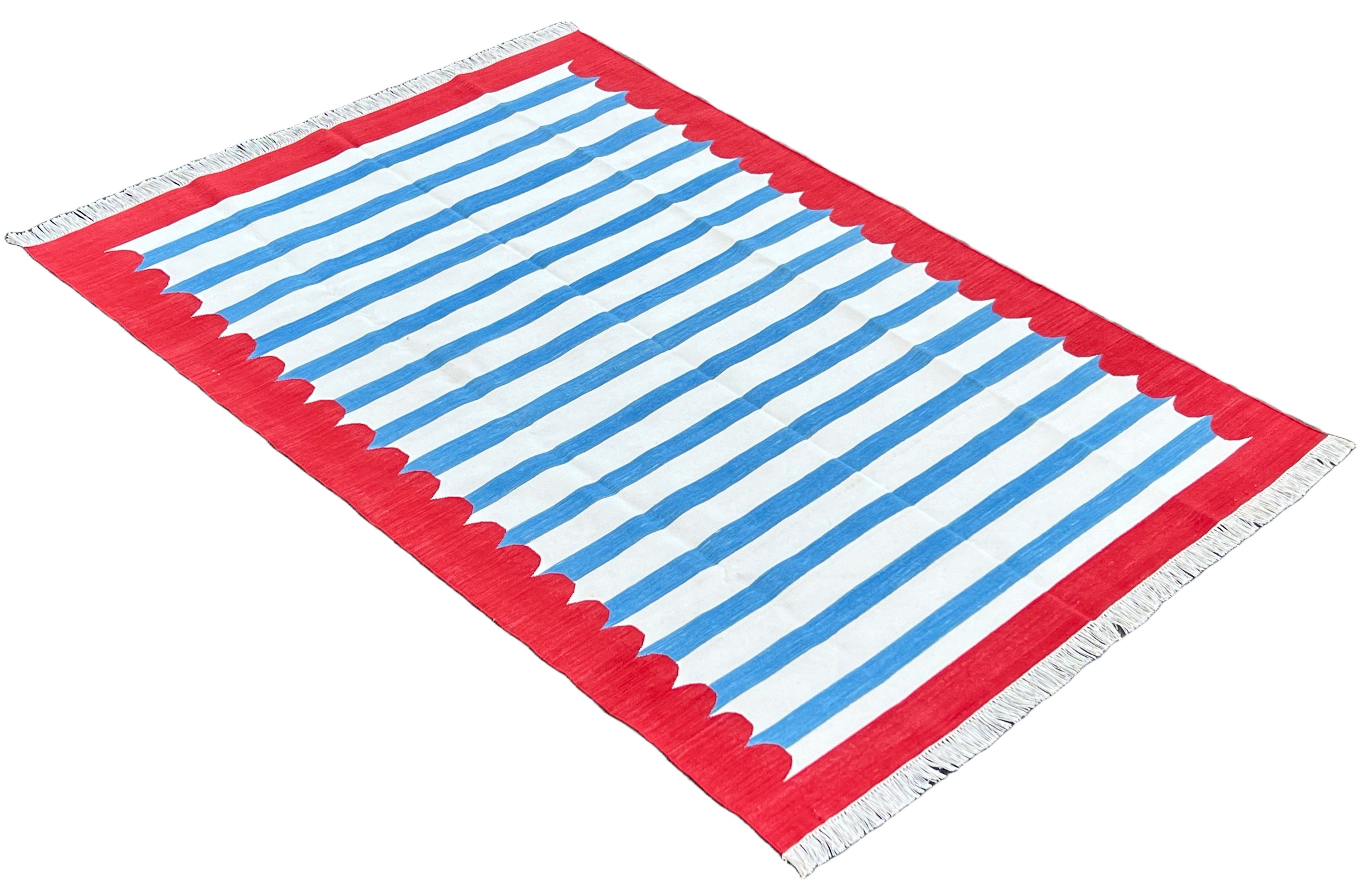 Modern Handmade Cotton Blue, White And Red Scalloped Striped Area Rug-6769