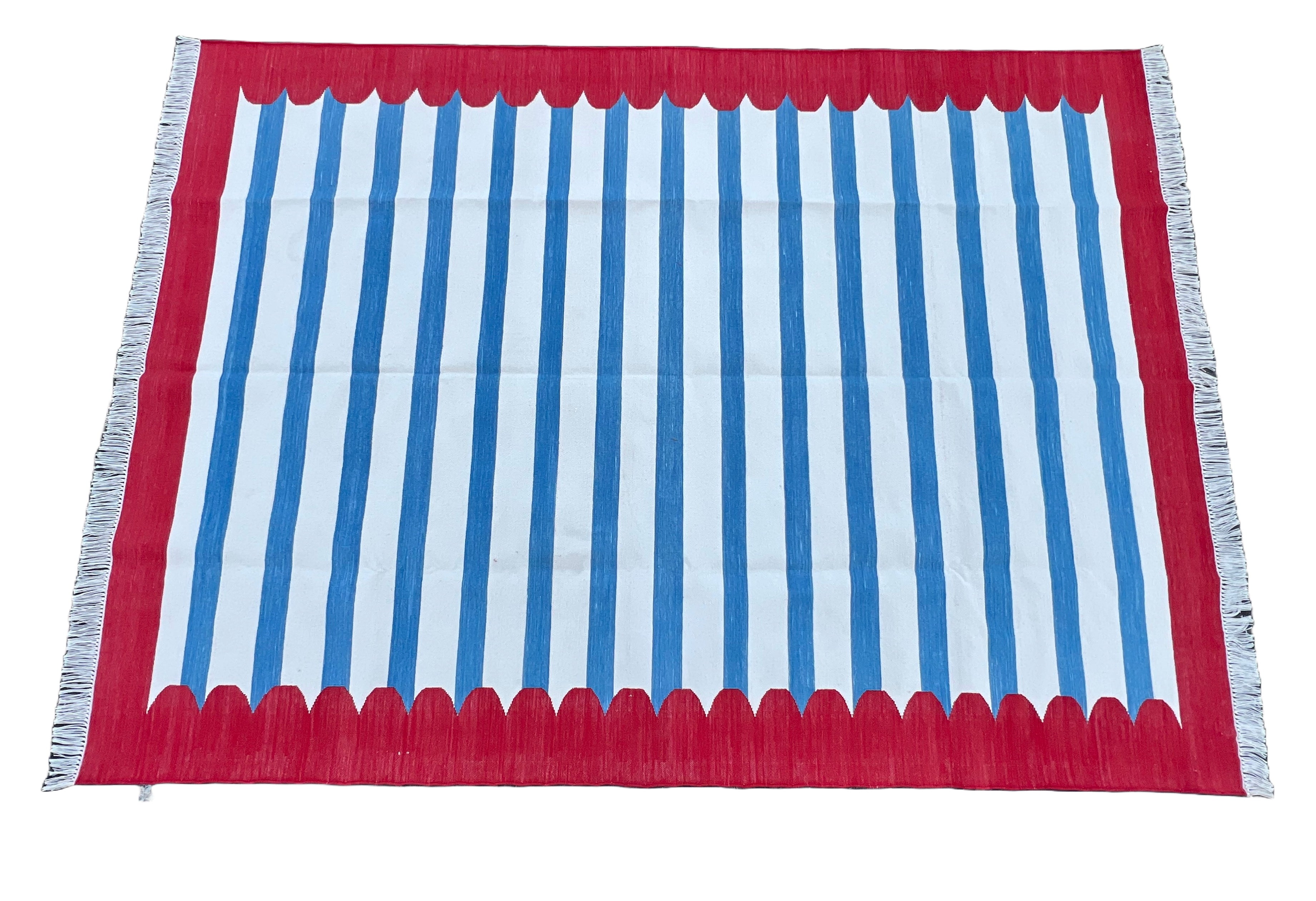 Modern Handmade Cotton Blue, White And Red Scalloped Striped Area Rug-6769