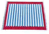 Modern Handmade Cotton Blue, White And Red Scalloped Striped Area Rug-6769