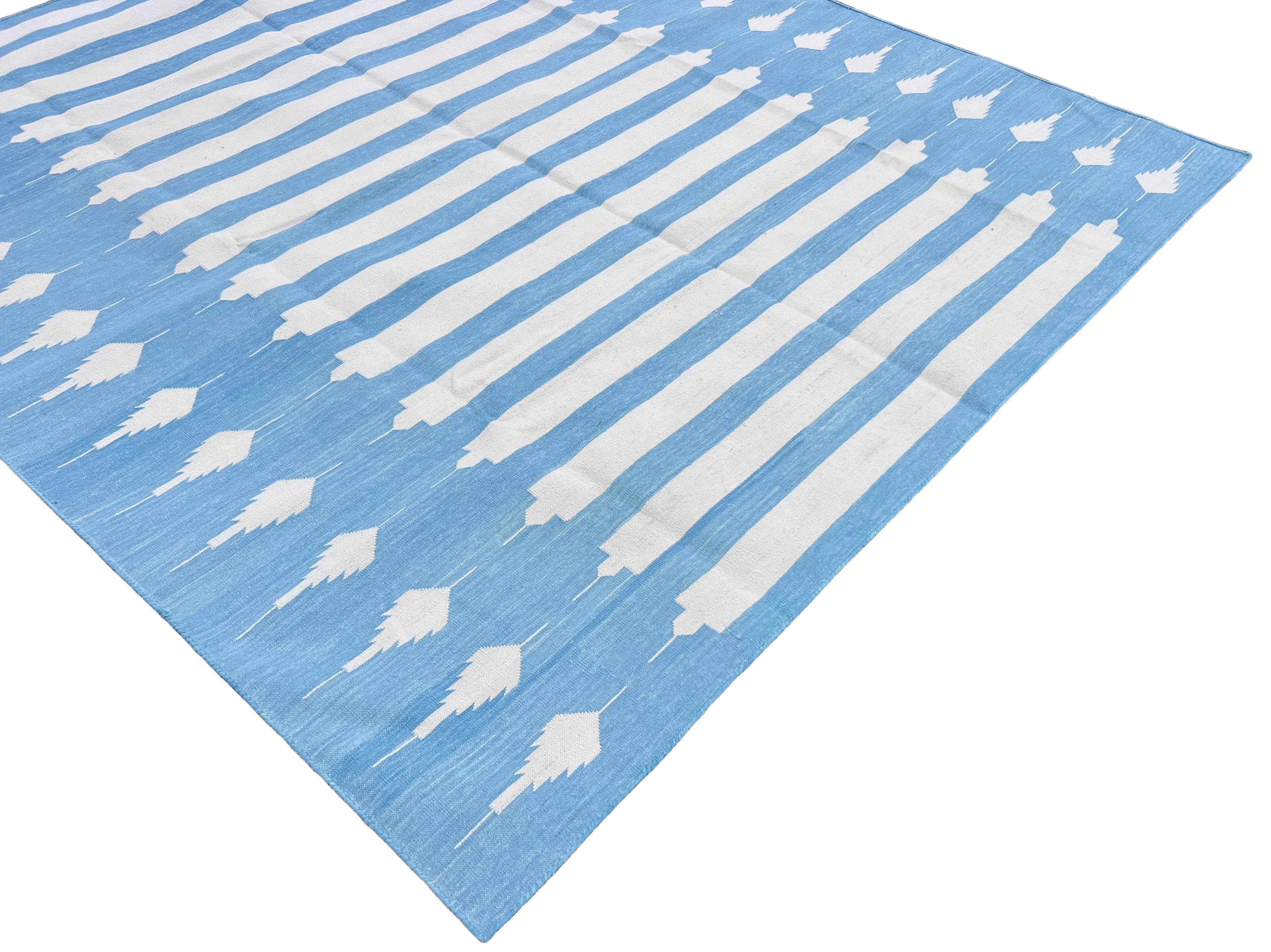 Modern Handmade Cotton Sky Blue And White Arrow Striped Rug-6747