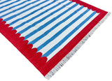 Modern Handmade Cotton Blue, White And Red Scalloped Striped Area Rug-6769