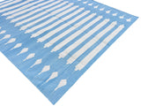Modern Handmade Cotton Sky Blue And White Arrow Striped Rug-6747