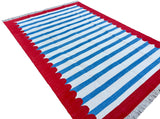 Modern Handmade Cotton Blue, White And Red Scalloped Striped Area Rug-6769